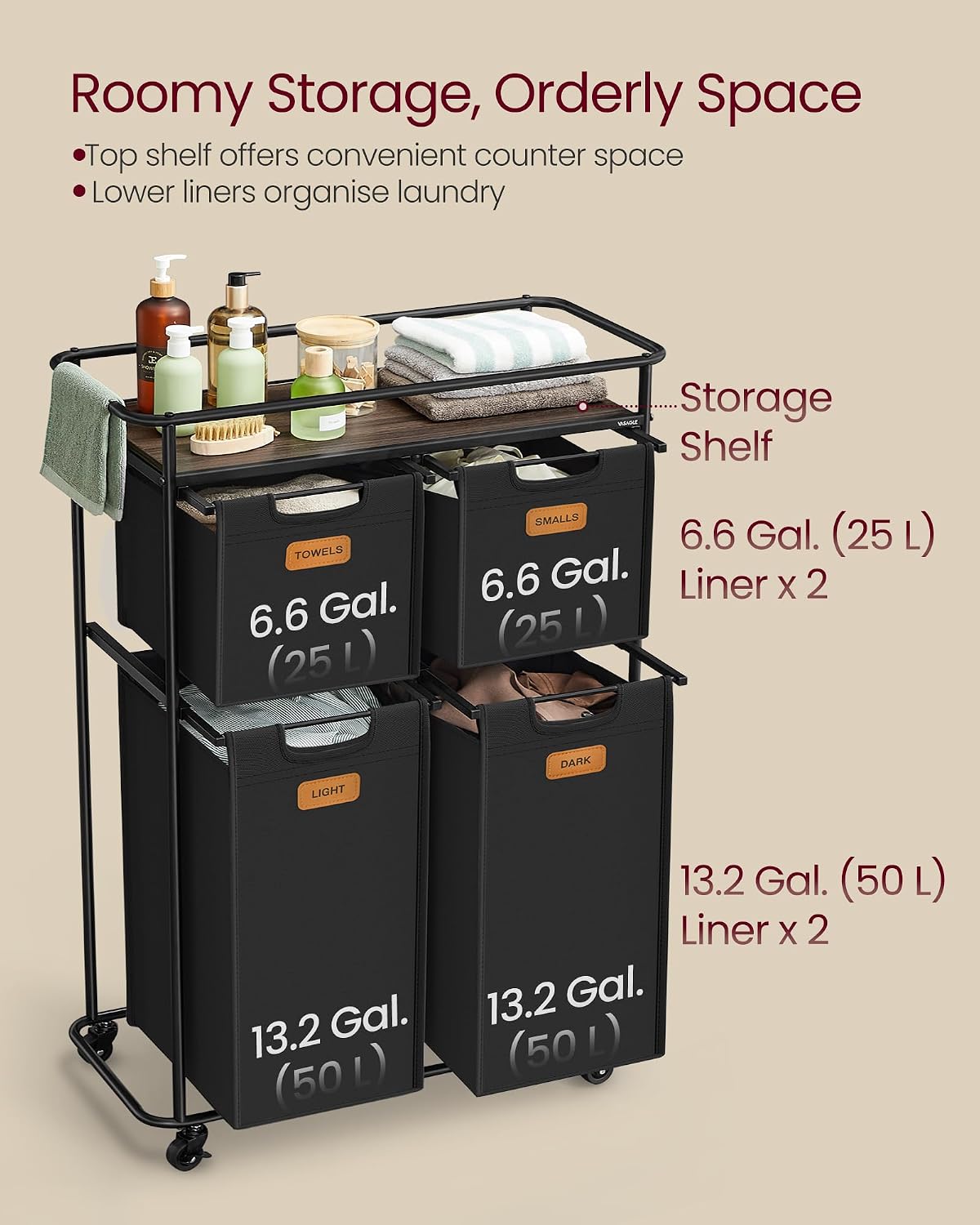 Detalle de VASAGLE STEVIE RLS100B01 150 L Laundry Hamper with 4 Bags and Shelf