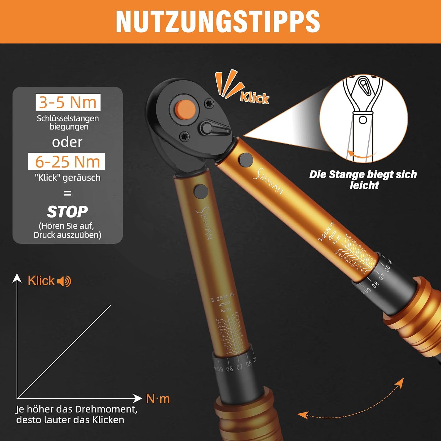 Detalle de Drehmomentschlüssel Fahrrad 1/4 Zoll – ss shovan, 3–25 Nm, 72 Zähne, 33‑teiliges Set inkl. Verlängerungen und Adapter