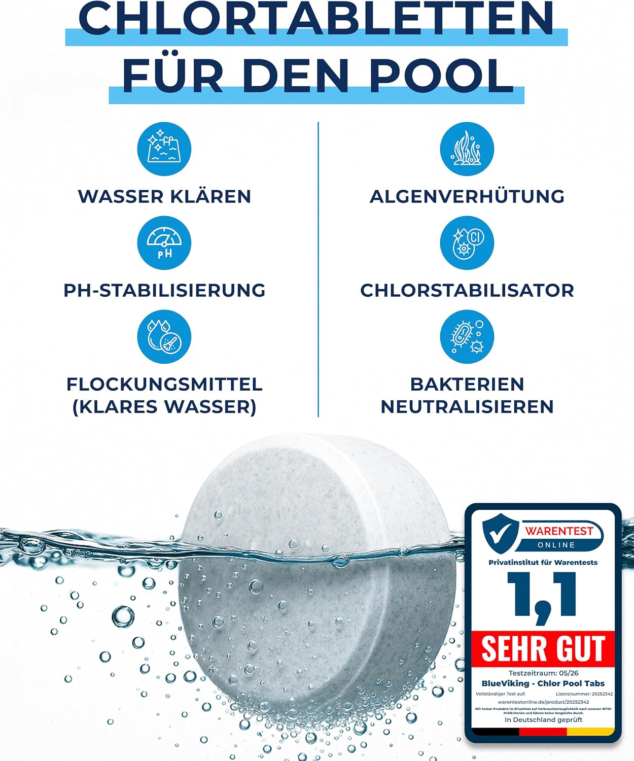 Detalle de BlueViking Chlortabletten 5 in 1 – Pooltabs, 20 g, 1 kg – Langzeit-Chlorierung, Algizid & Filterschutz