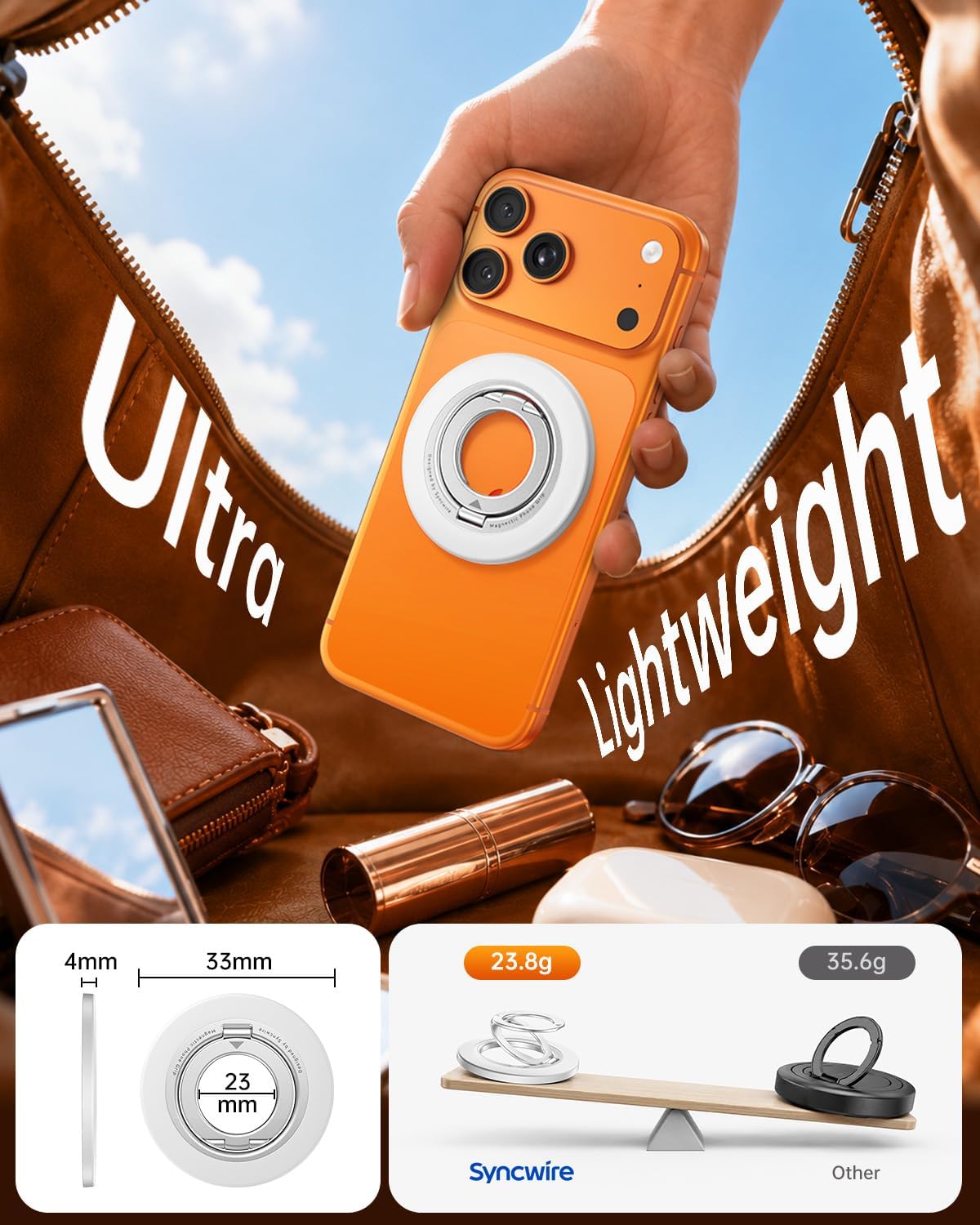 Detalle 1 de SYNCWIRE Magnetic Phone Grip for MagSafe, 4.0mm Slim Ring Stand, 360° Rotation