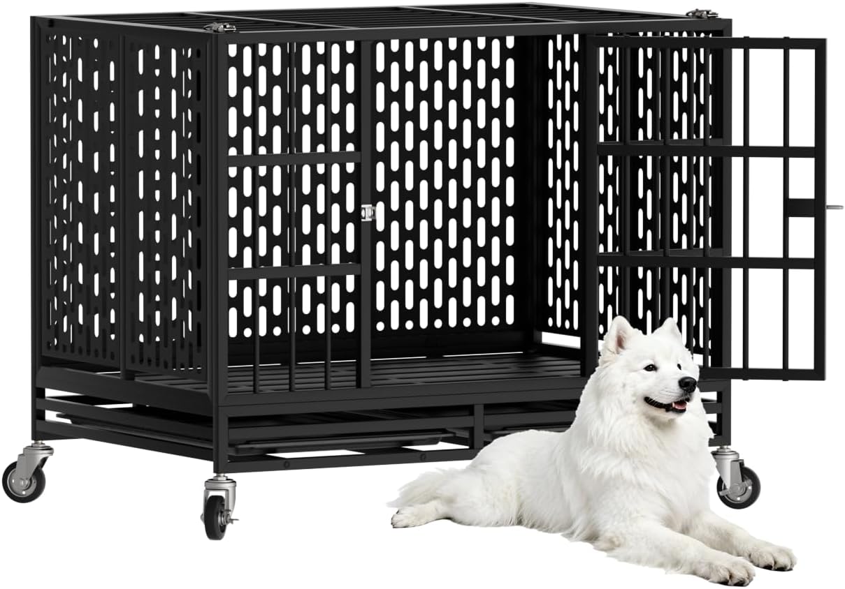 Detalle de HMHTCT 42-Inch Heavy-Duty Dog Crate with Wheels, Double Doors and Tray