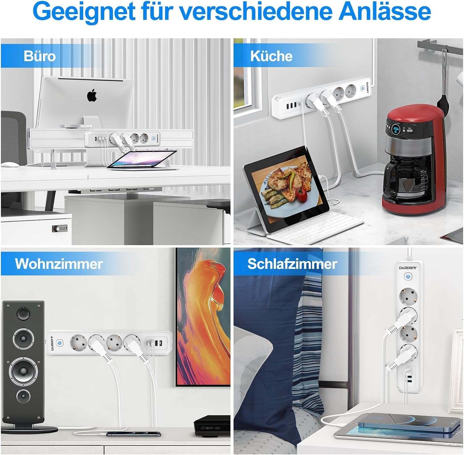 Thumbnail 5 de Steckdosenleiste 4 USB mit USB‑C, Wandmontage und Schalter – 3680 W / 16 A Mehrfachstecker mit Überspannungsschutz, 1,8 m, weiß