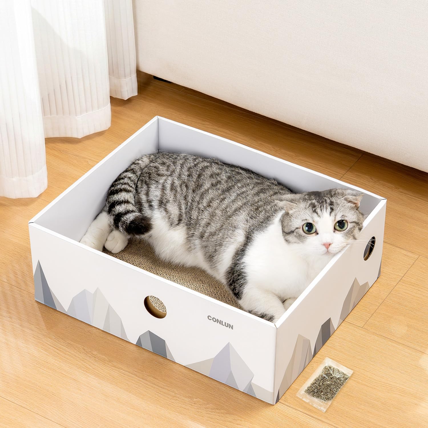 Detalle de Conlun Large Cat Scratching Board with Box: Extra Large, Mess-Free, Cardboard Bed Lounge
