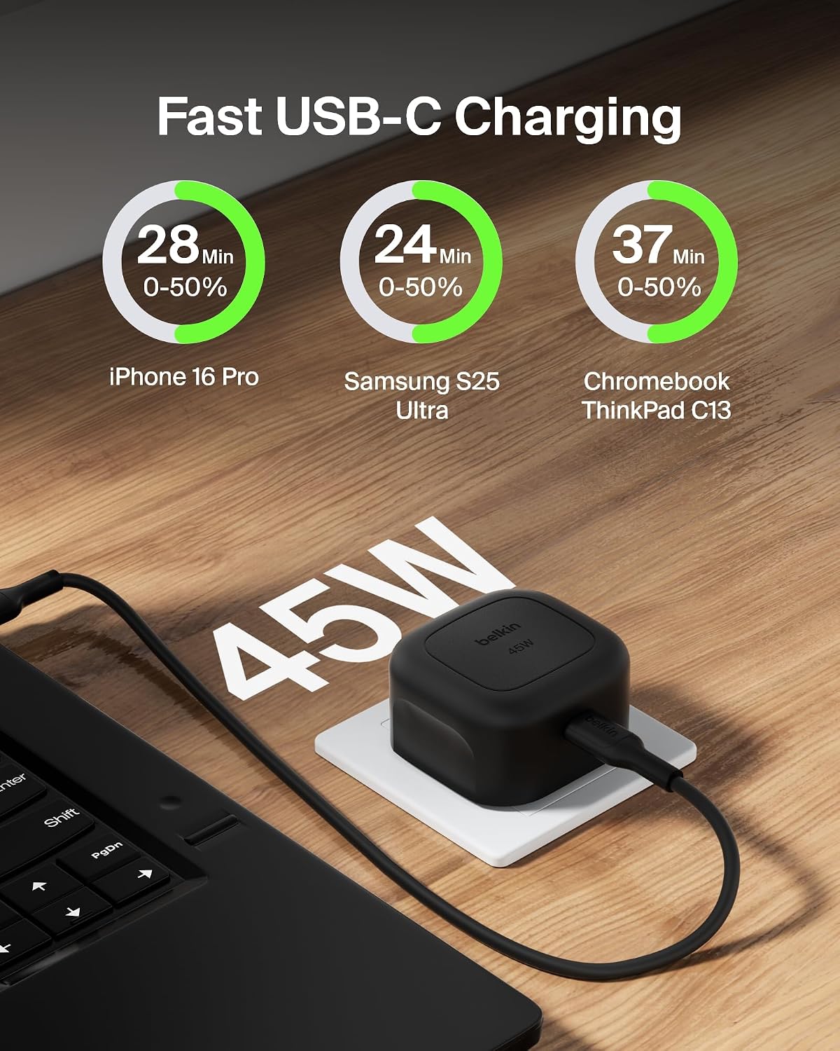 Detalle 2 de Belkin Compact Wall Charger 45W + USB-C to USB-C Cable: Fast, versatile charging in a compact package