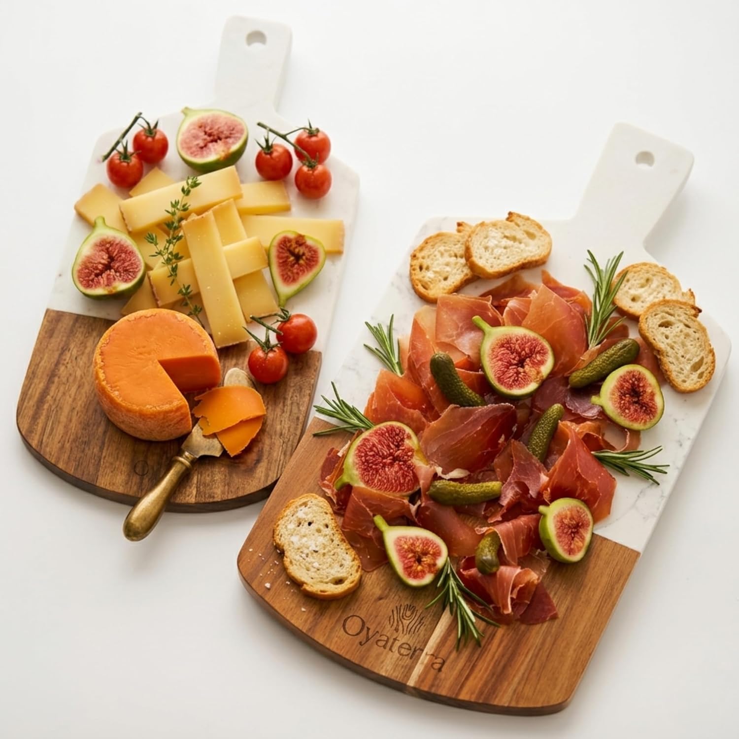 Thumbnail 1 de Ensemble OYATERRA® de 2 planches apéritif bois & marbre (acacia FSC) pour plateau fromage, charcuterie et service