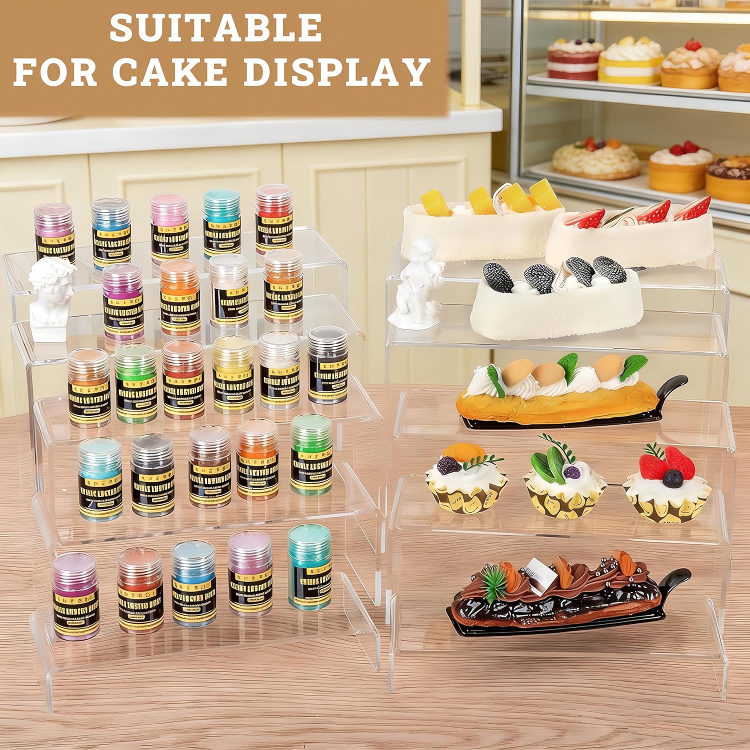 Detalle 2 de Deefongo acrylic display risers (10-piece set) – 5-tier clear rectangular tiered shelf stands for cupcakes, collectibles and jewellery