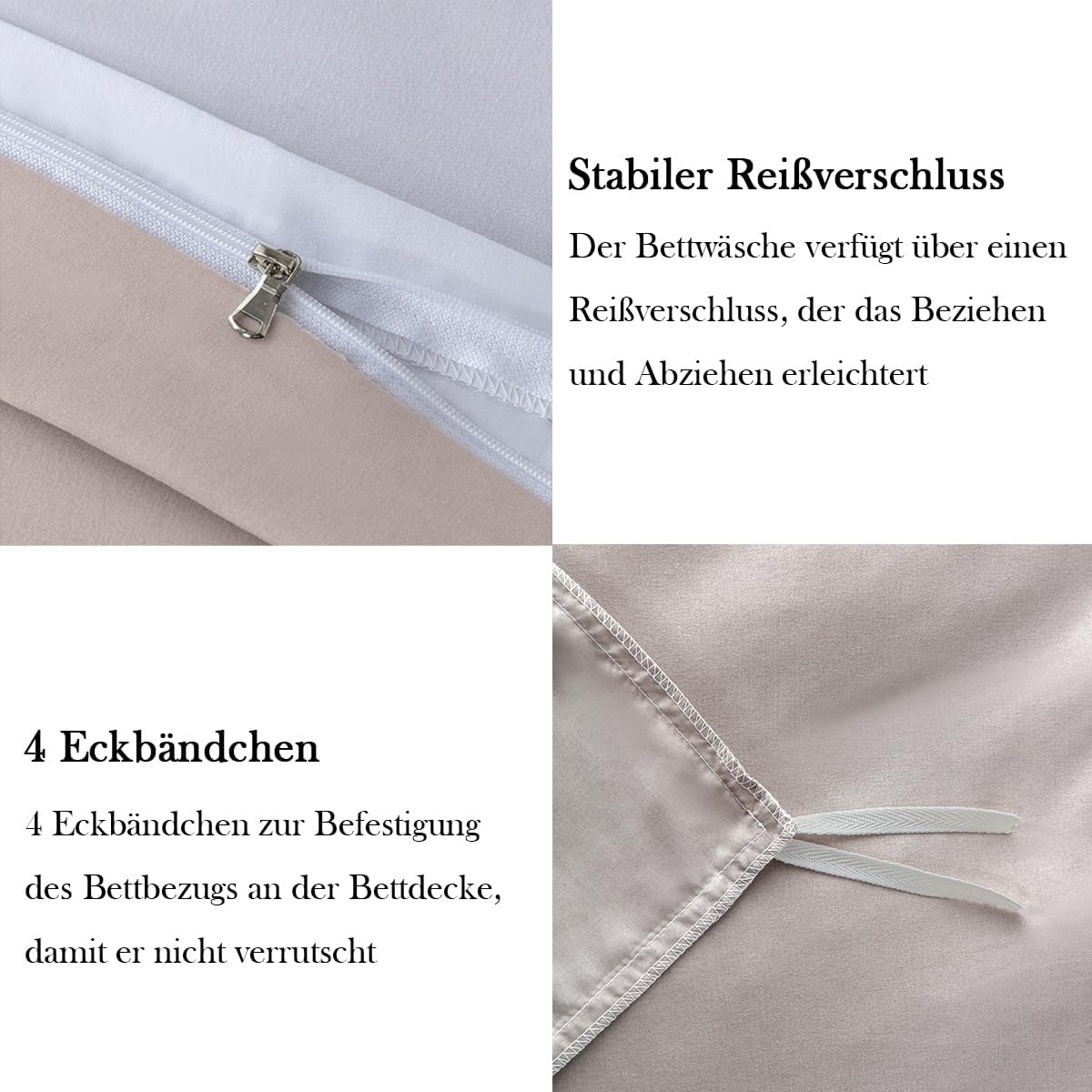 Detalle 2 de Nesture Wendebettwäsche 200x200 beige/weiß – 3-teiliges Microfaser-Set mit Reißverschluss