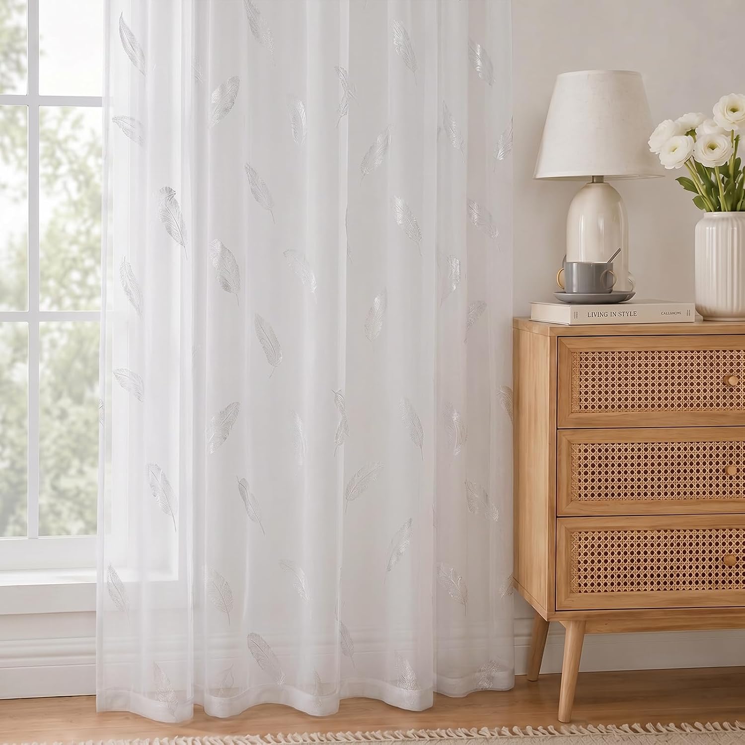 Detalle de Rideau Salon Moderne Lot de 2 – Plumage argenté chaud, 140x260 cm, beige