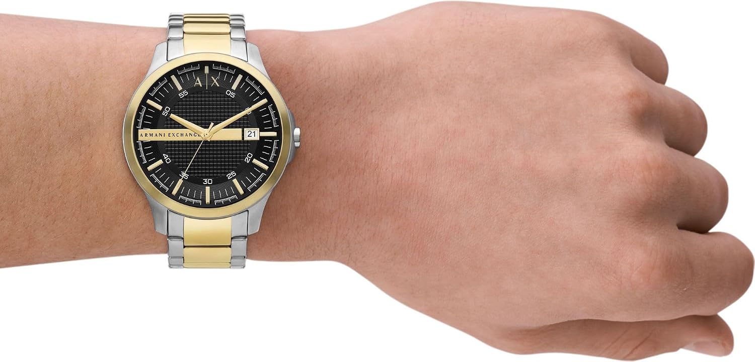 Detalle de Armani Exchange Montre pour Hommes – Mouvement Date à Trois Aiguilles, Ø46 mm, Bracelet acier inoxydable bicolore