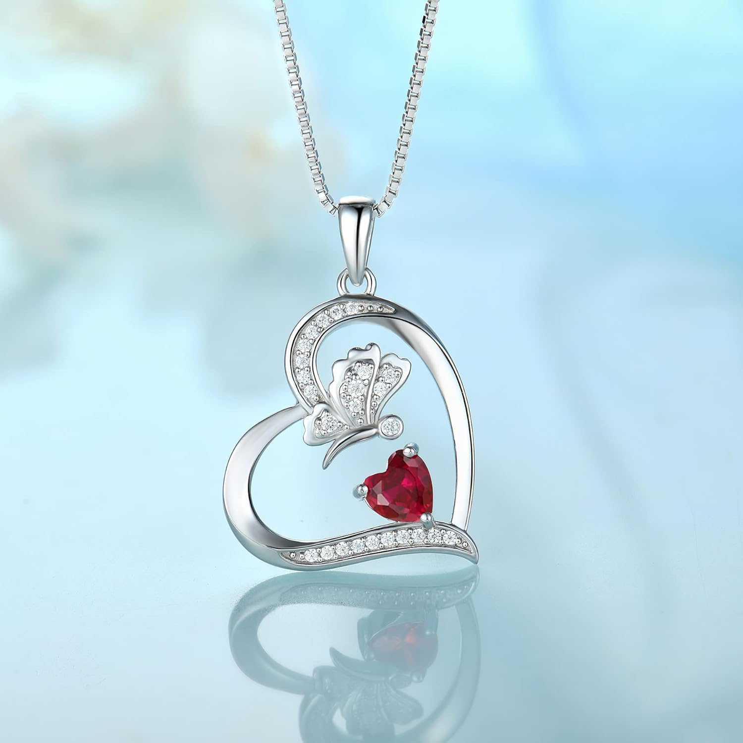 Thumbnail 2 de FJ Herz Damen Kette Schmetterling Anhänger aus 925 Sterling Silber mit Geburtsstein (Zirkonia) – Halskette für Frauen & Mädchen