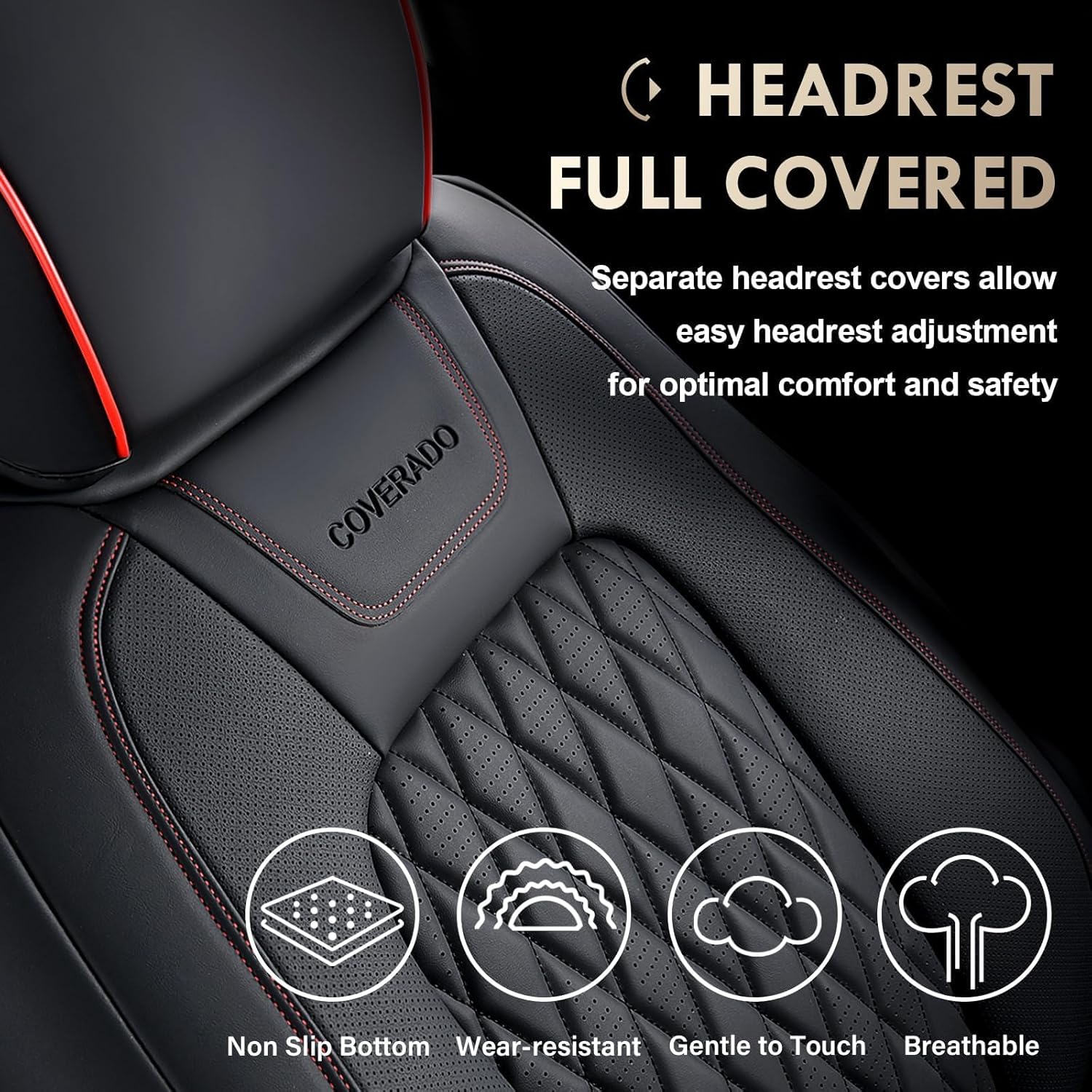 Detalle 2 de Coverado Leather Seat Covers Full Set for Ford F-150 F-250 F-350 F-450 (Black) — Crew Cab Only, Waterproof, Heated/Cooled Compatible