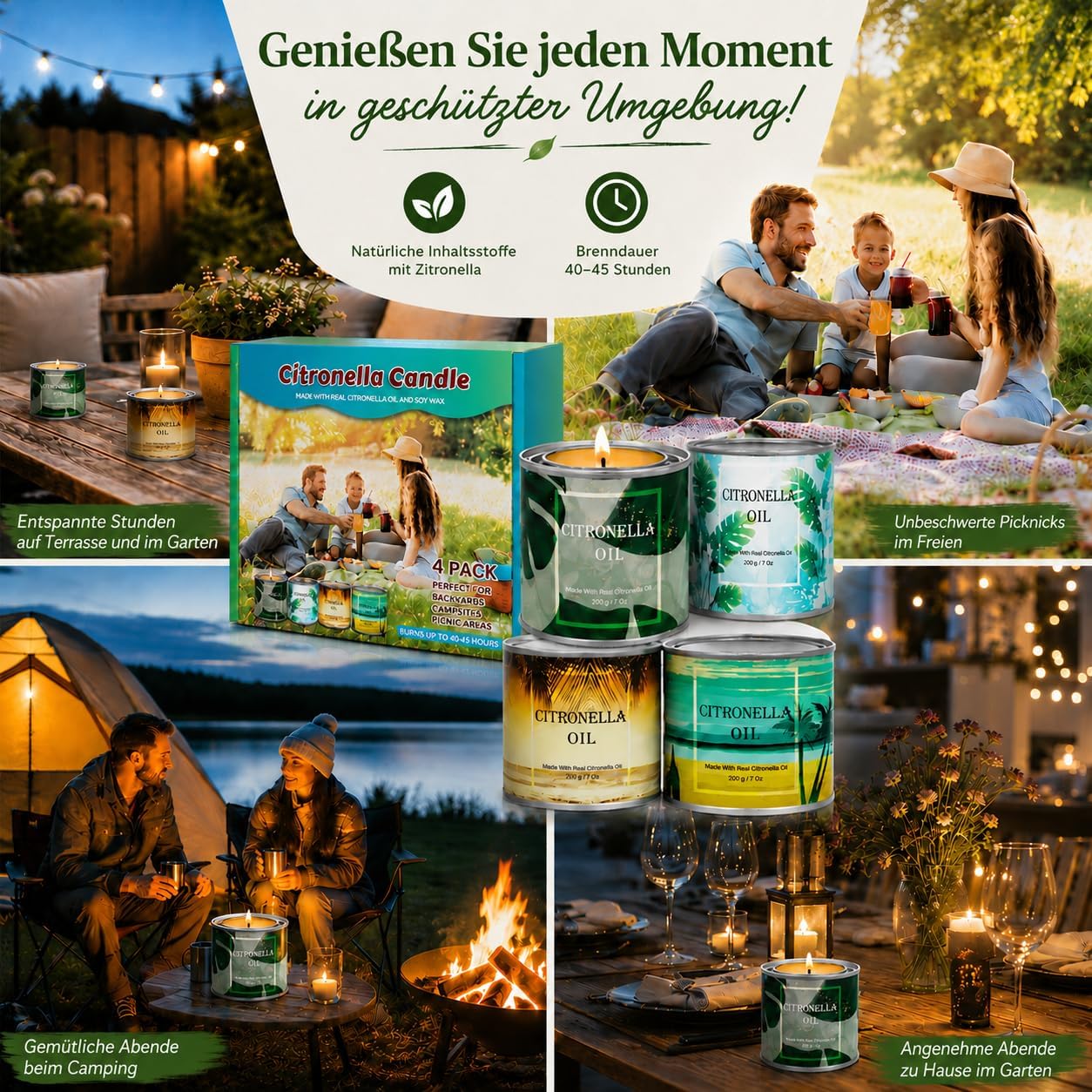 Detalle de CREASHINE Citronella Kerzen Outdoor 4er Set – 800 g Sojawachs, Zitronengras-Duft