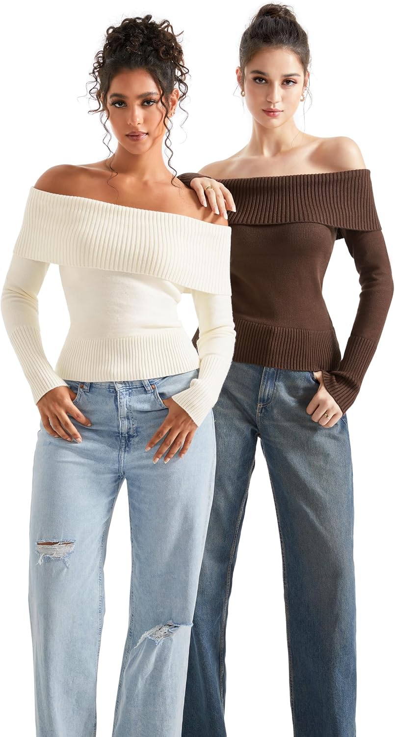 Detalle 1 de SUUKSESS Women's Off-the-Shoulder Ribbed Knit Sweater, Long Sleeve