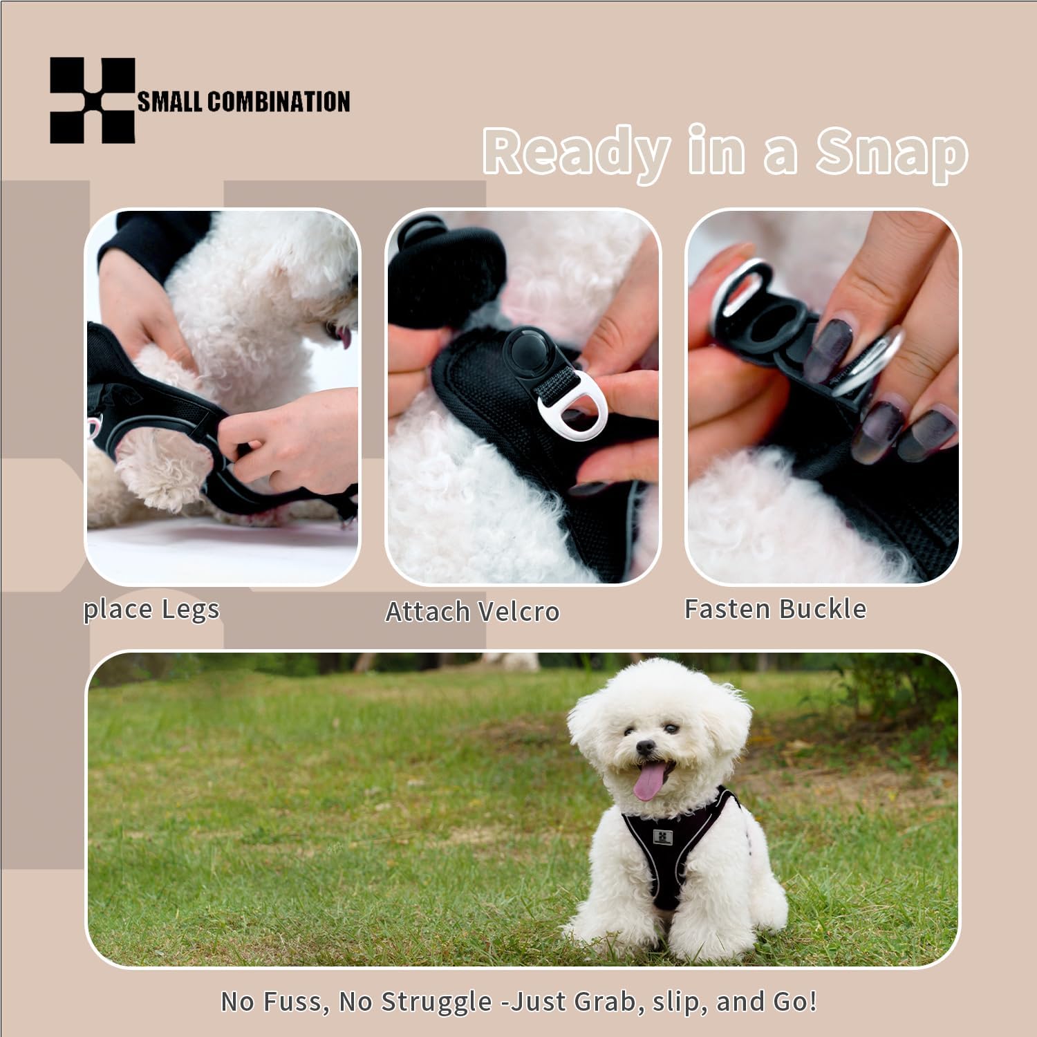Thumbnail 5 de Small Combination Small Combination Combination Dog Harness Leash Set (Black, XXXS) with 360° reflective straps