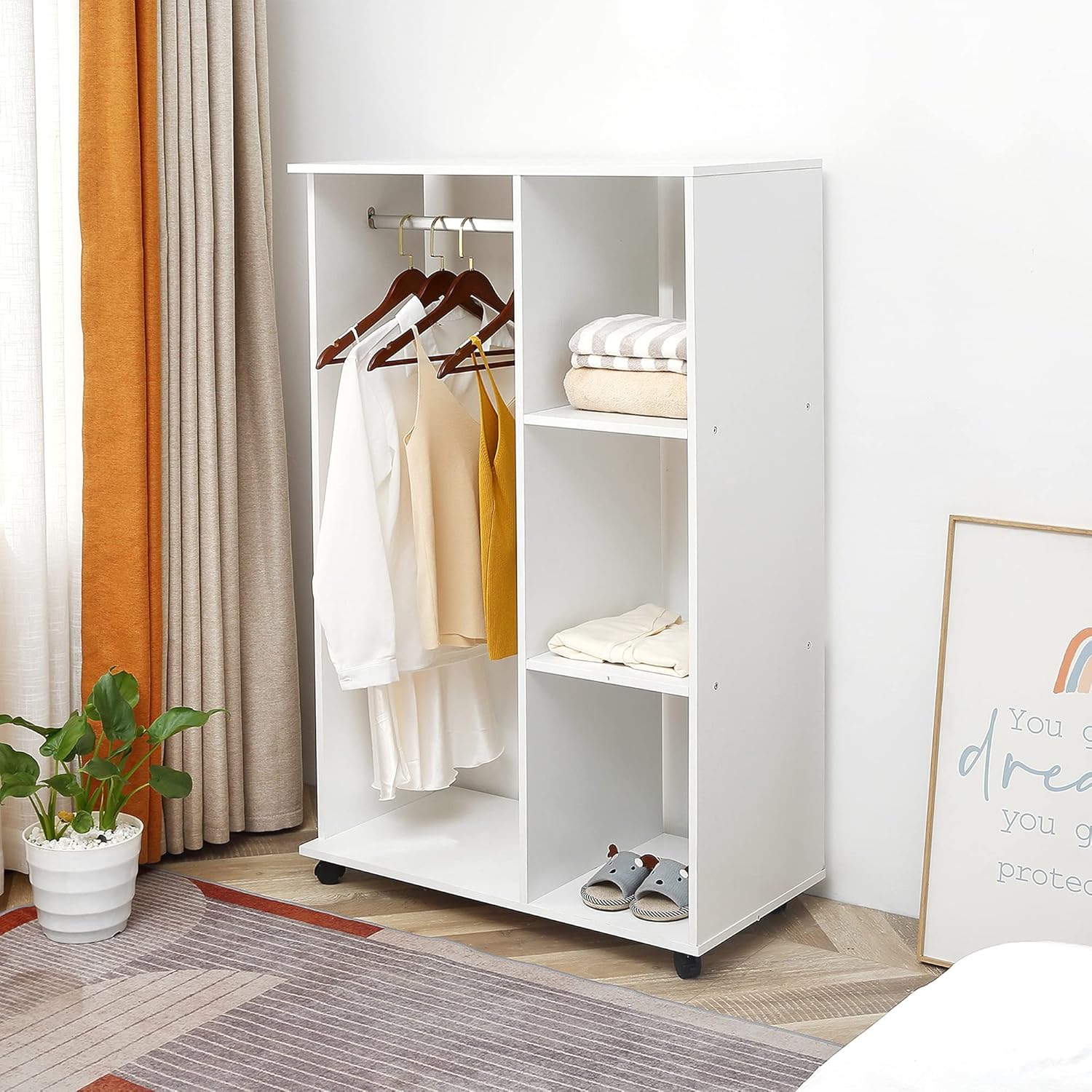 Detalle de HOMCOM armoire penderie mobile en panneaux de particules blanc avec 4 roulettes