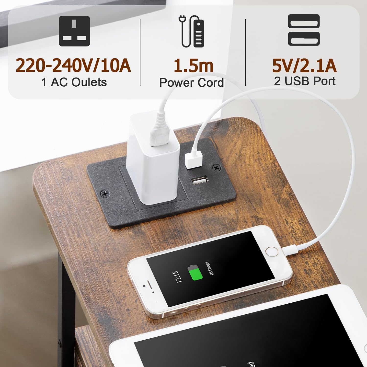 Thumbnail 6 de LOAKEKEL Slim Bedside Table Set of 2 with Charging Station and LED Lights (Brown)