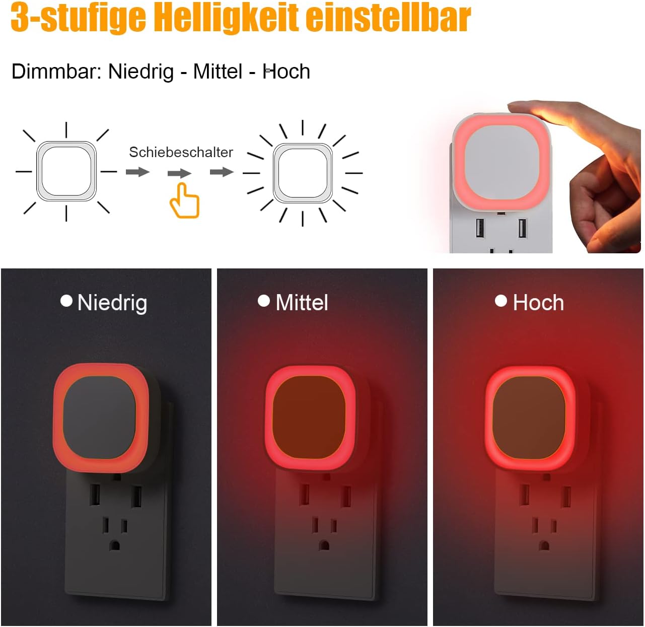 Thumbnail 1 de YUNLEX 2er-Set Steckdosen-Nachtlicht mit Dämmerungssensor und Dimmfunktion (rundes Rot-Licht für Kinderzimmer)
