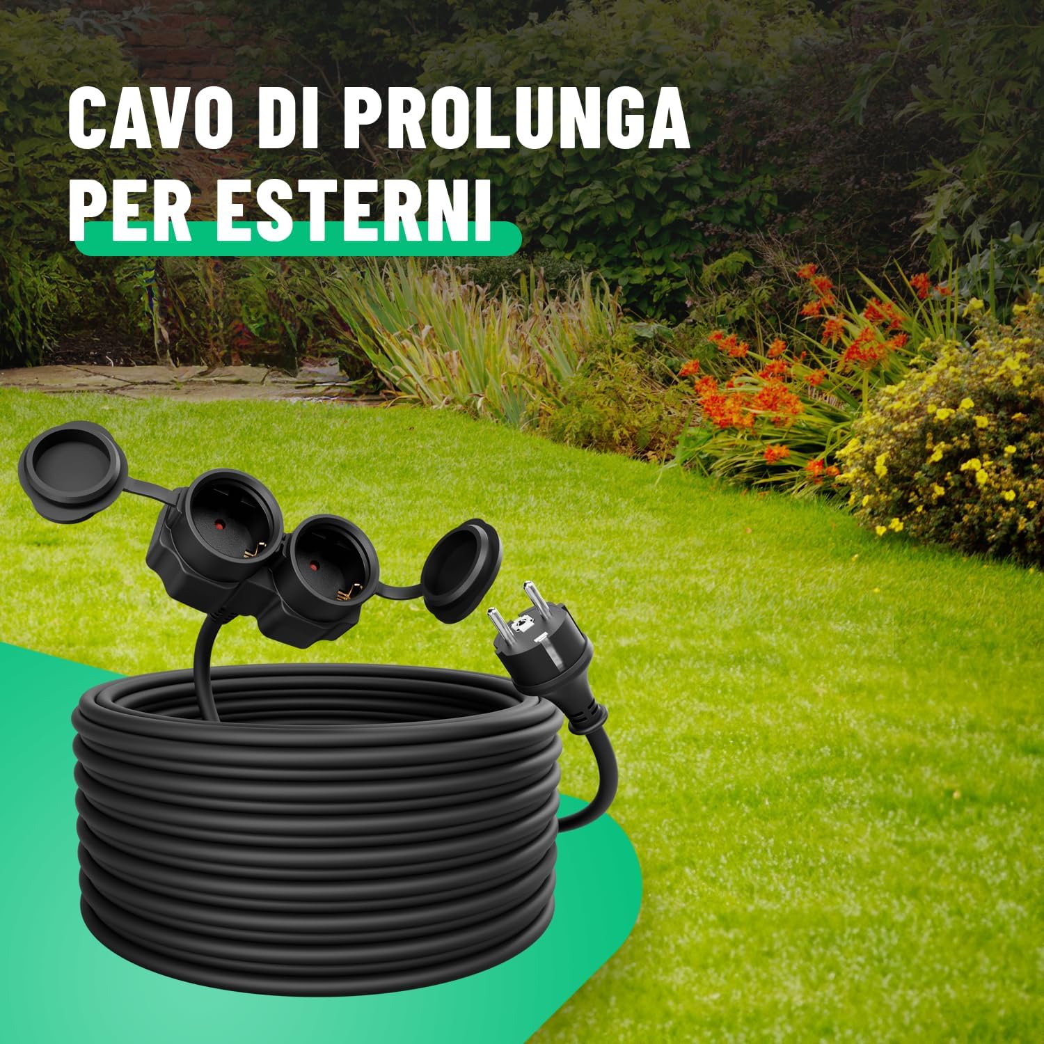 Detalle 2 de Greate 2x Prolunga elettrica da 20 m con 2 prese IP44 – Spina Shuko 3500W