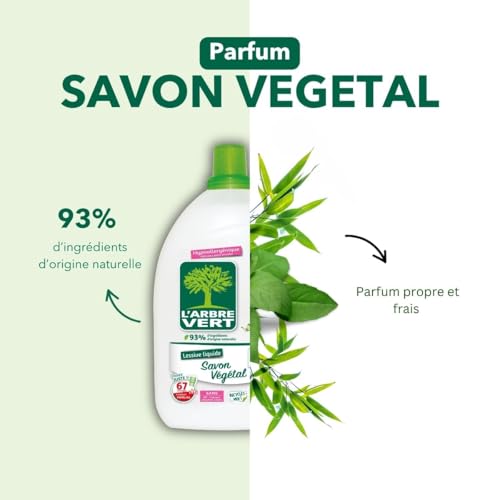Detalle de L'Arbre Vert Lessive Ecolabel Savon Végétal – Hypoallergénique, 67 lavages, 3,015 L
