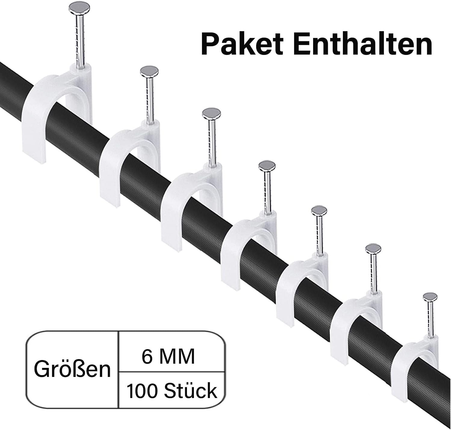 Thumbnail 1 de 100 x runde Kabelklemmen (weiß) für Kabel bis 6 mm – 6-mm-Kabelclips mit Stahlnagel