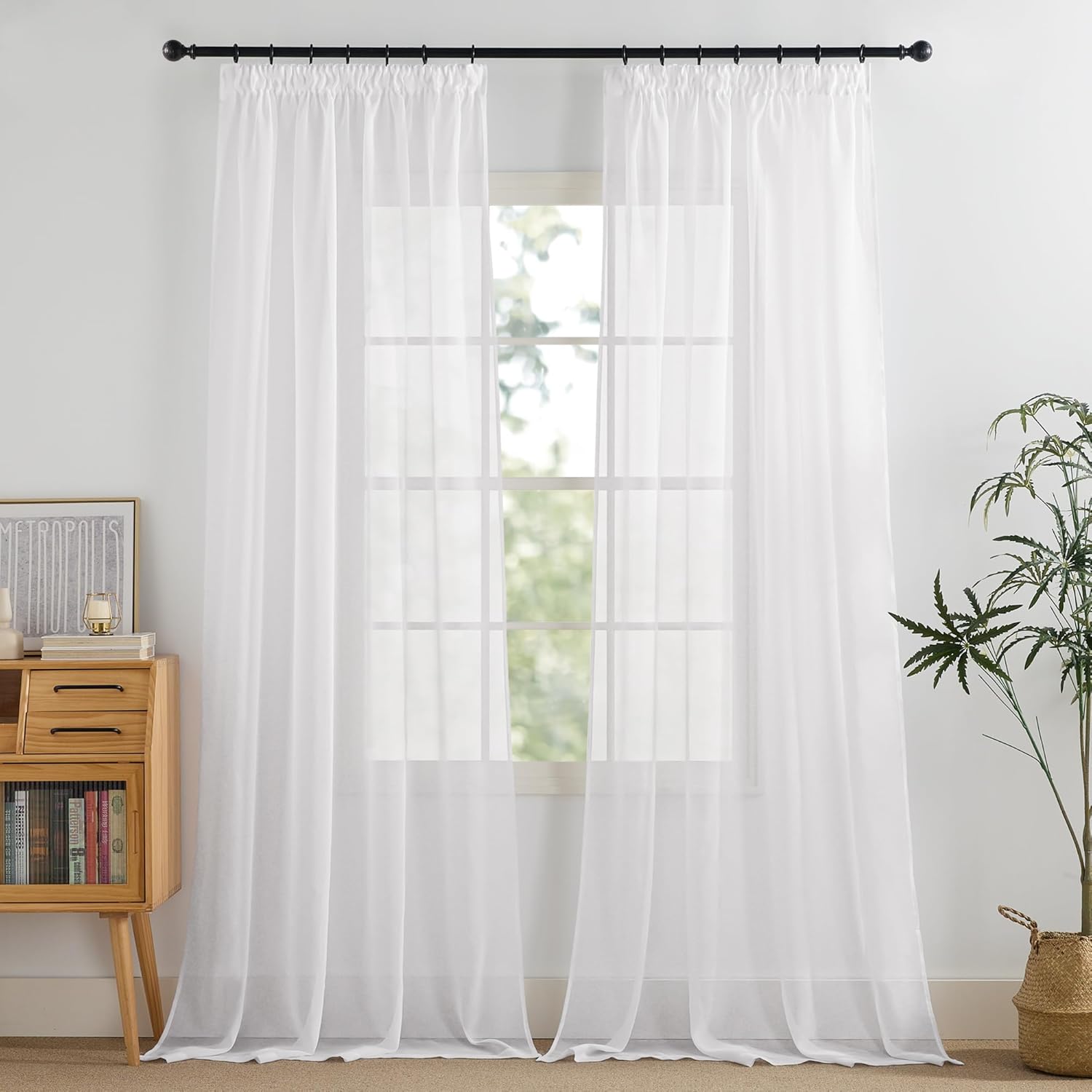 Detalle de PONY DANCE Stores Gardinen mit Kräuselband für Schienensystem – 2er-Set, 245 x 140 cm pro Stück, weiß transparent