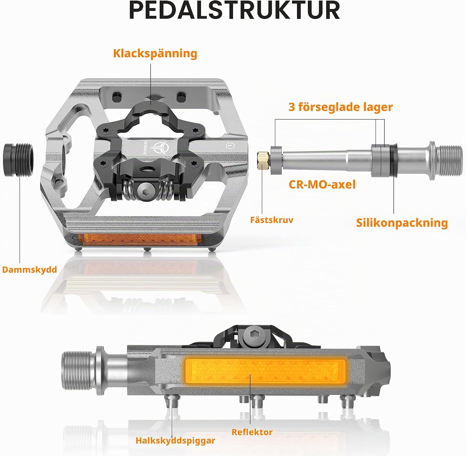 Detalle de GEWAGE MTB-kombipedaler med reflexer, SPD-kompatibilitet och 9/16-tumsgänga