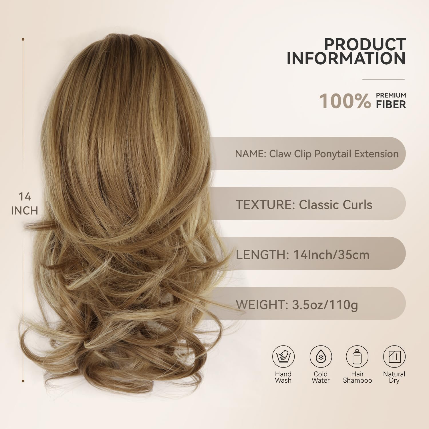 Detalle 2 de ZQIAN BEAUTY 14 Inch Ponytail Extension (Wavy) with Claw Clip in Light Brown with Beige Highlights