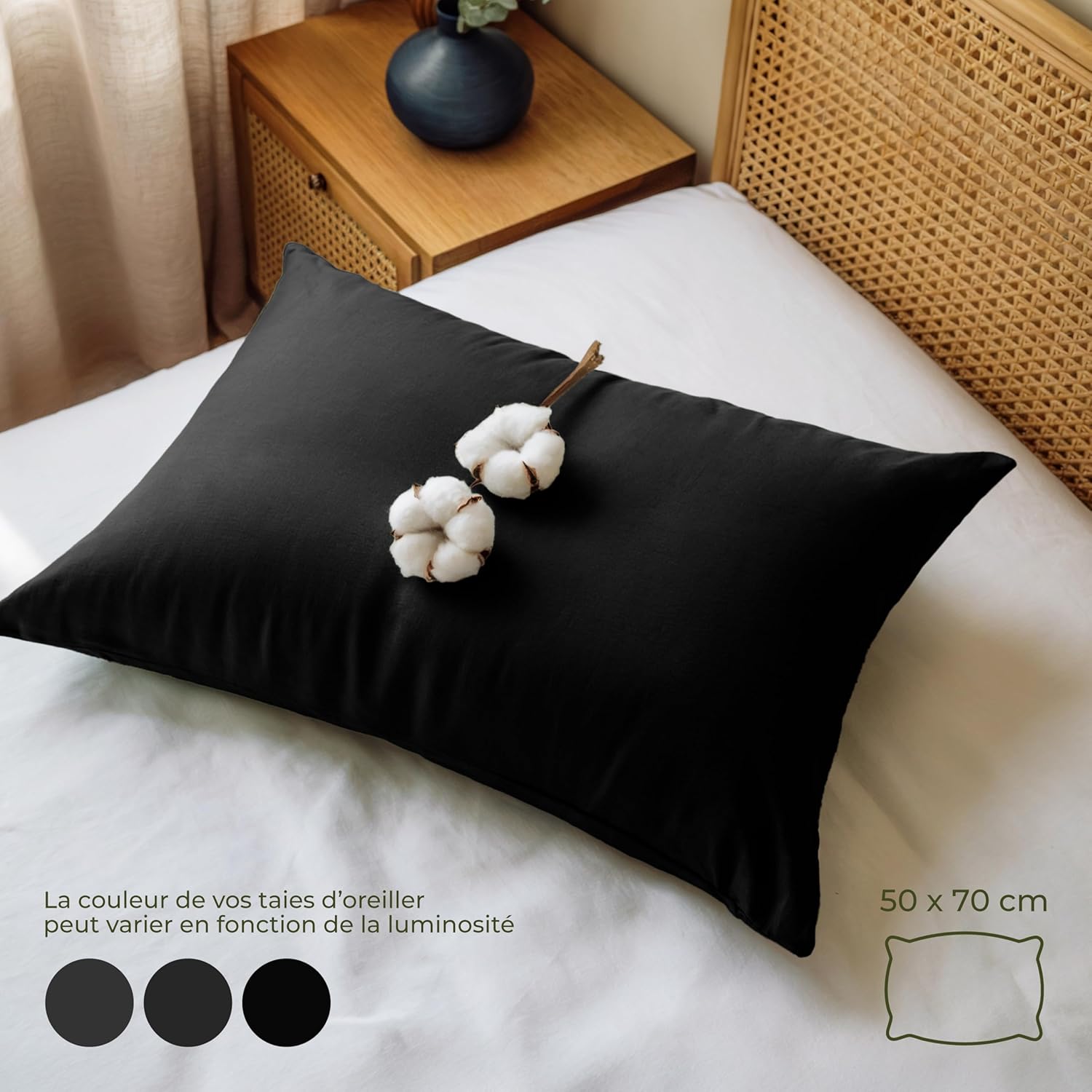 Thumbnail 2 de Dreamzie – Taie d'oreiller 50x70 cm en coton biologique, lot de 2, noir