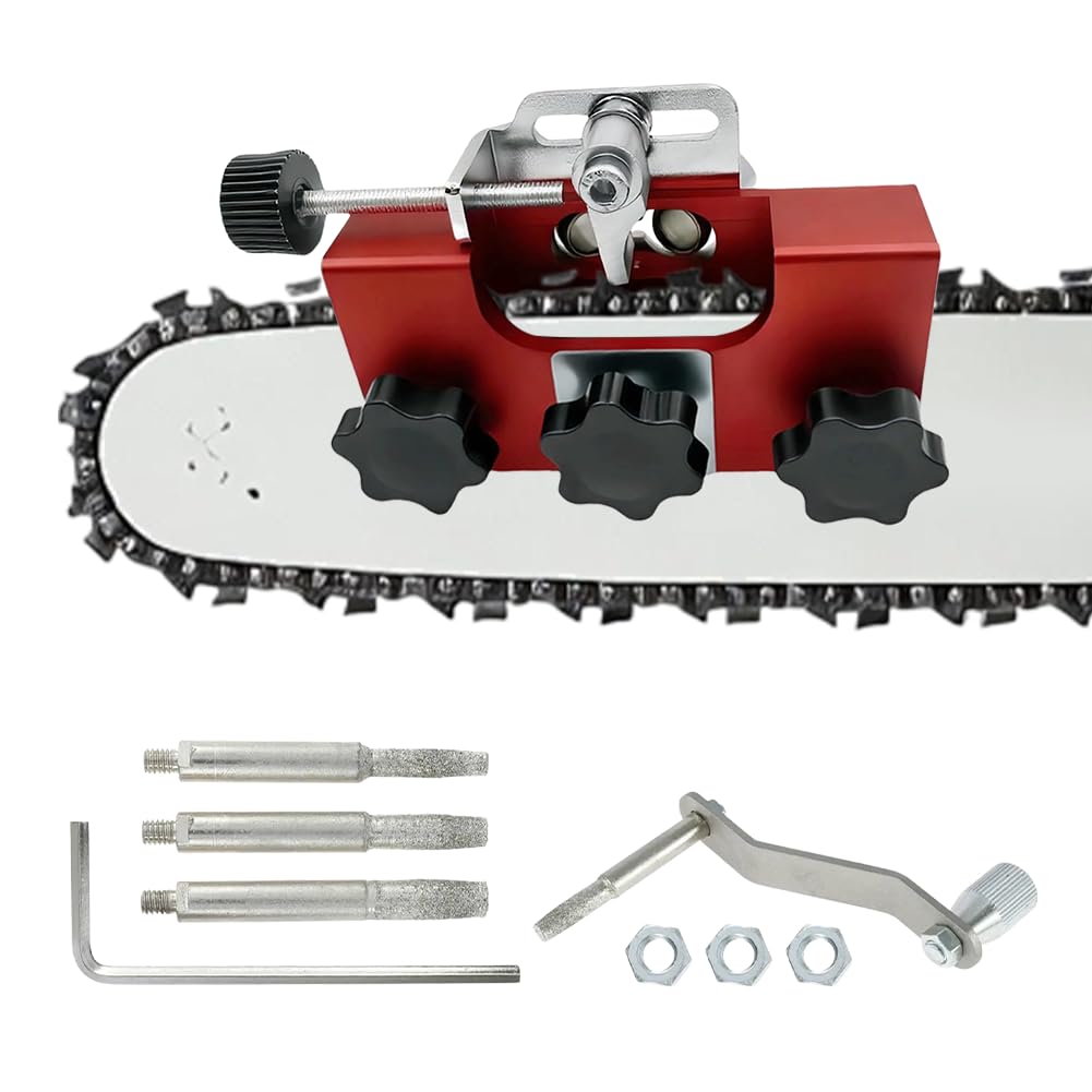 Detalle de Aoreun XY-mlq-set kettingzaagslijper met handslinger en slijpkoppen van 4, 5 en 6 mm
