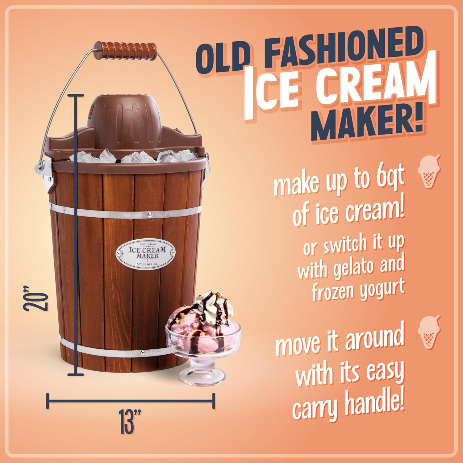 Detalle de Nostalgia Electric Ice Cream Maker with 6 Qt Capacity (Dark Wood)