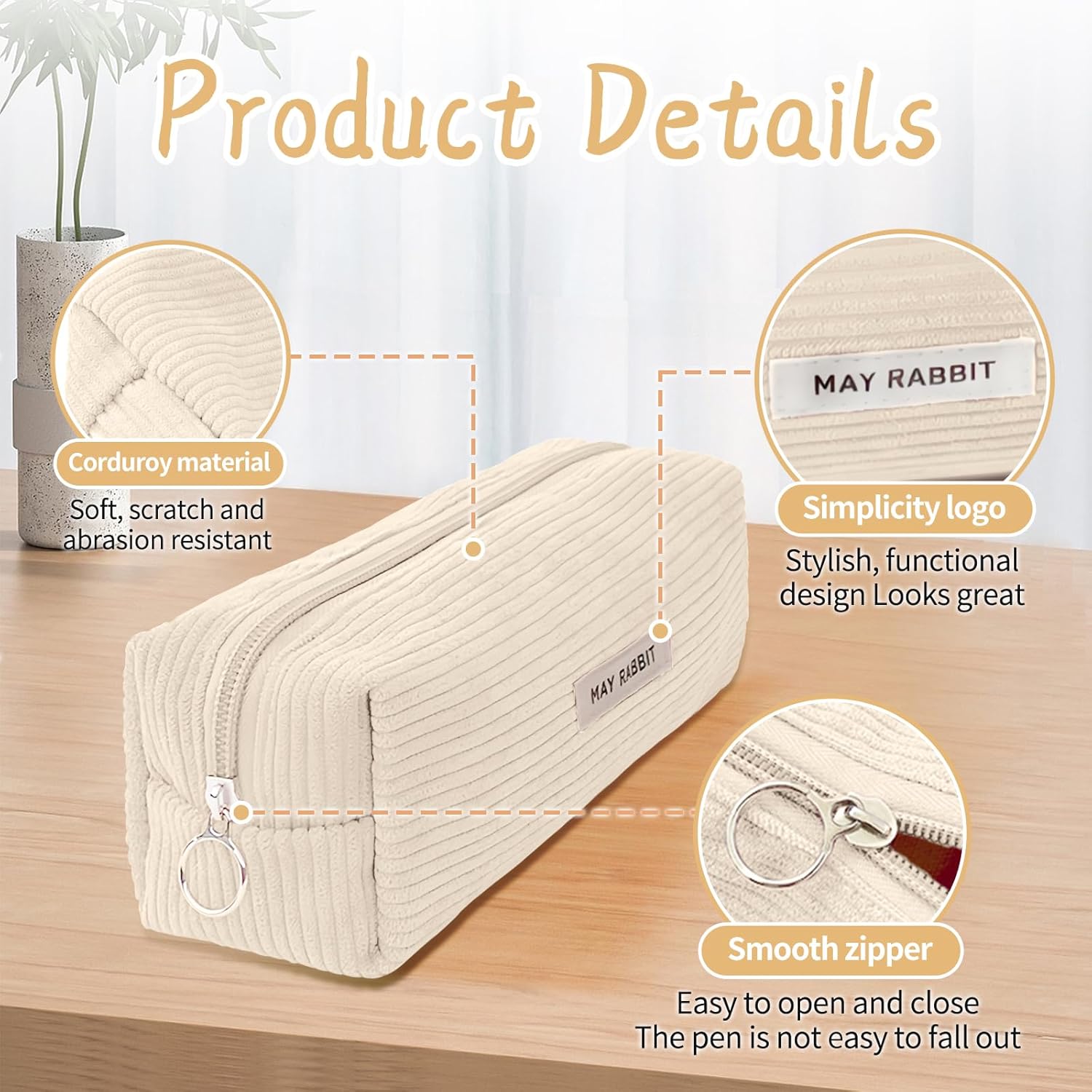 Thumbnail 4 de Electri-HQ Pencil Case (Creme) – Federmäppchen aus Cord-Stoff mit 8 Farben, 19×7×6 cm