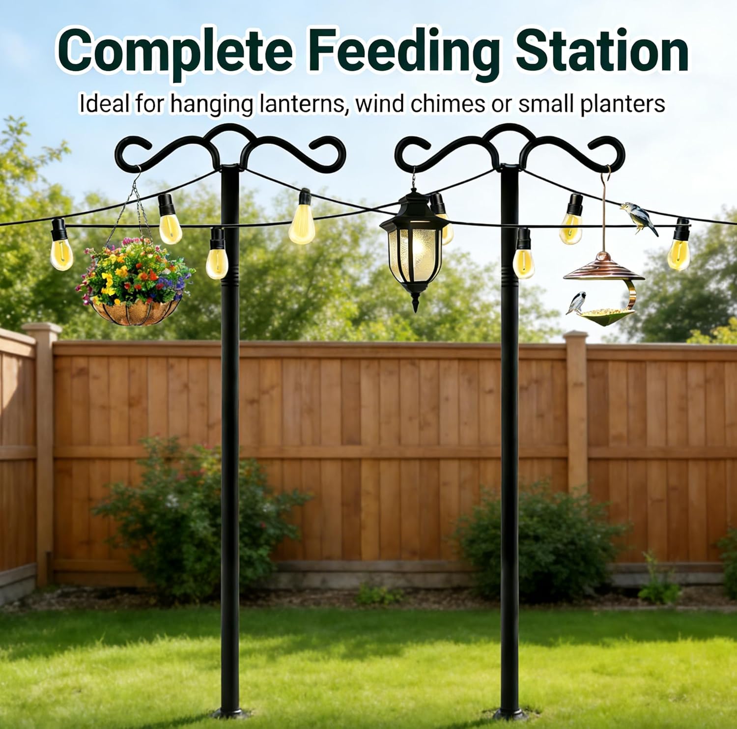 Detalle 2 de QUZGVEXA bird feeder pole station (233cm) with shepherd’s crook hooks for garden lights and hanging décor