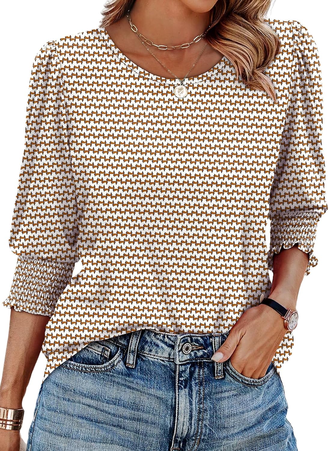 Detalle de Aokosor womens 3/4 sleeve tops – crew neck puff sleeve tunic with curved hem