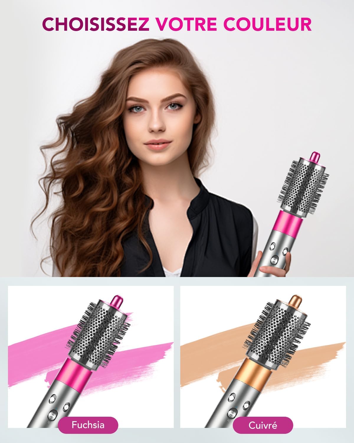 Detalle 2 de Grande Brosse Volumisante compatible Dyson Airwrap – poils longs et fins, modèle fuchsia