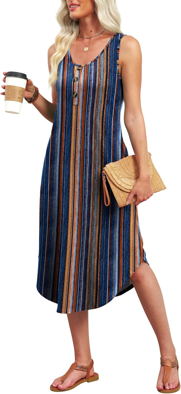 Detalle de WIHOLL Summer Dresses for Women 2026 Button Front Sleeveless Midi Dress with Pockets