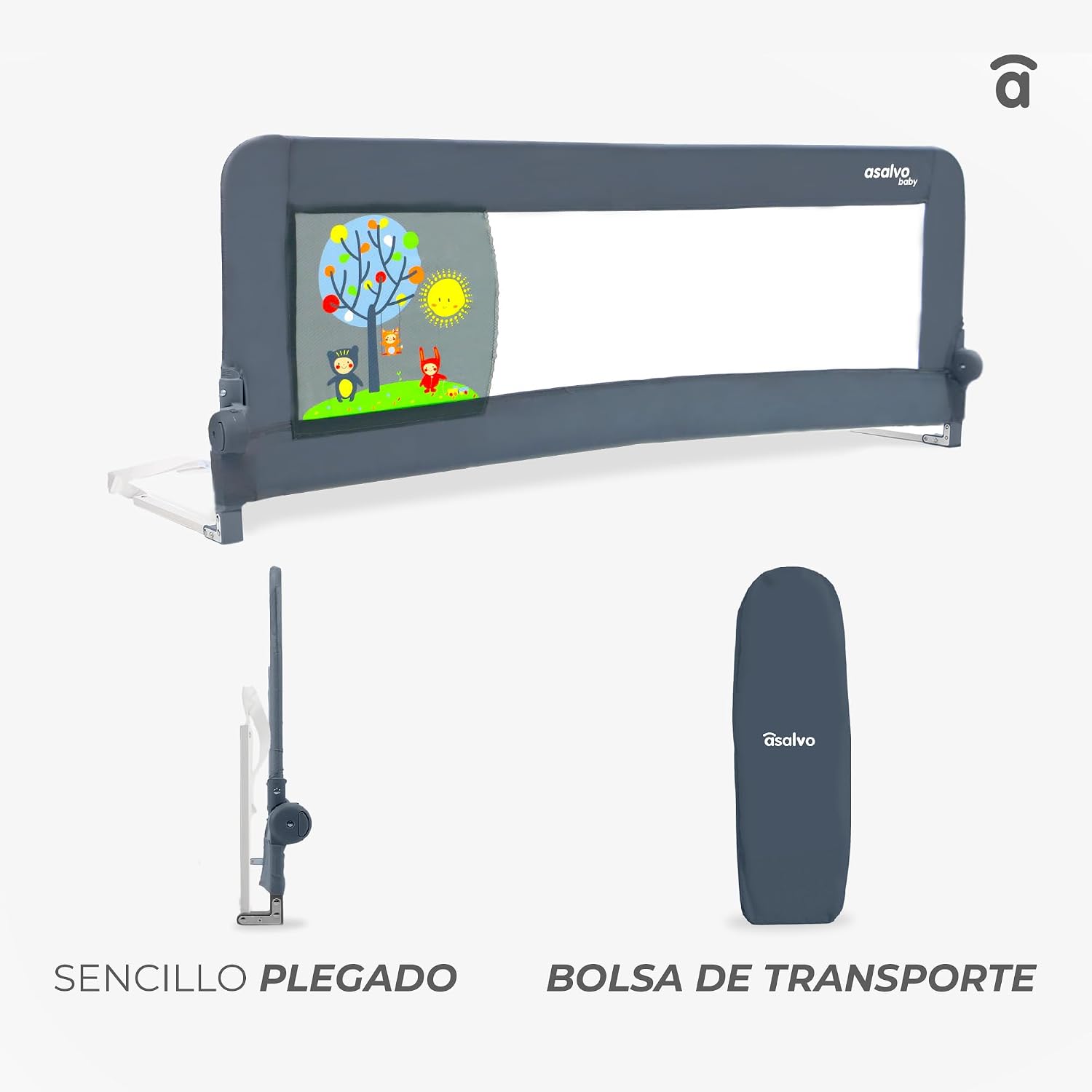 Detalle de Asalvo Barrera de Cama 2 en 1 de 150 cm para Niño - Abatible, Apta para Cama Nido y Fácil de Transportar