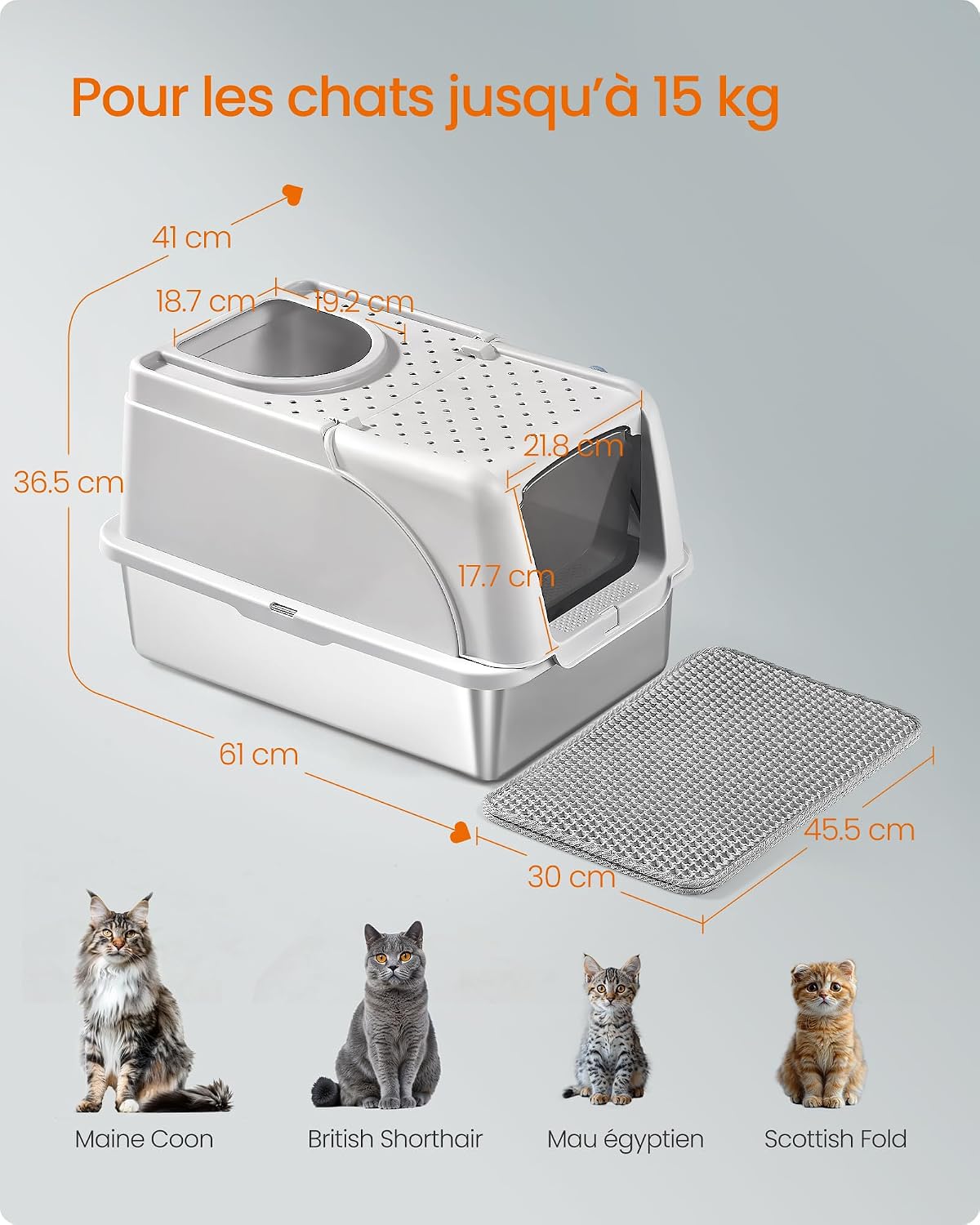 Thumbnail 5 de Feandrea Bac à Litière pour Chat en Acier Inoxydable – Grand modèle avec couvercle basculant et double entrée
