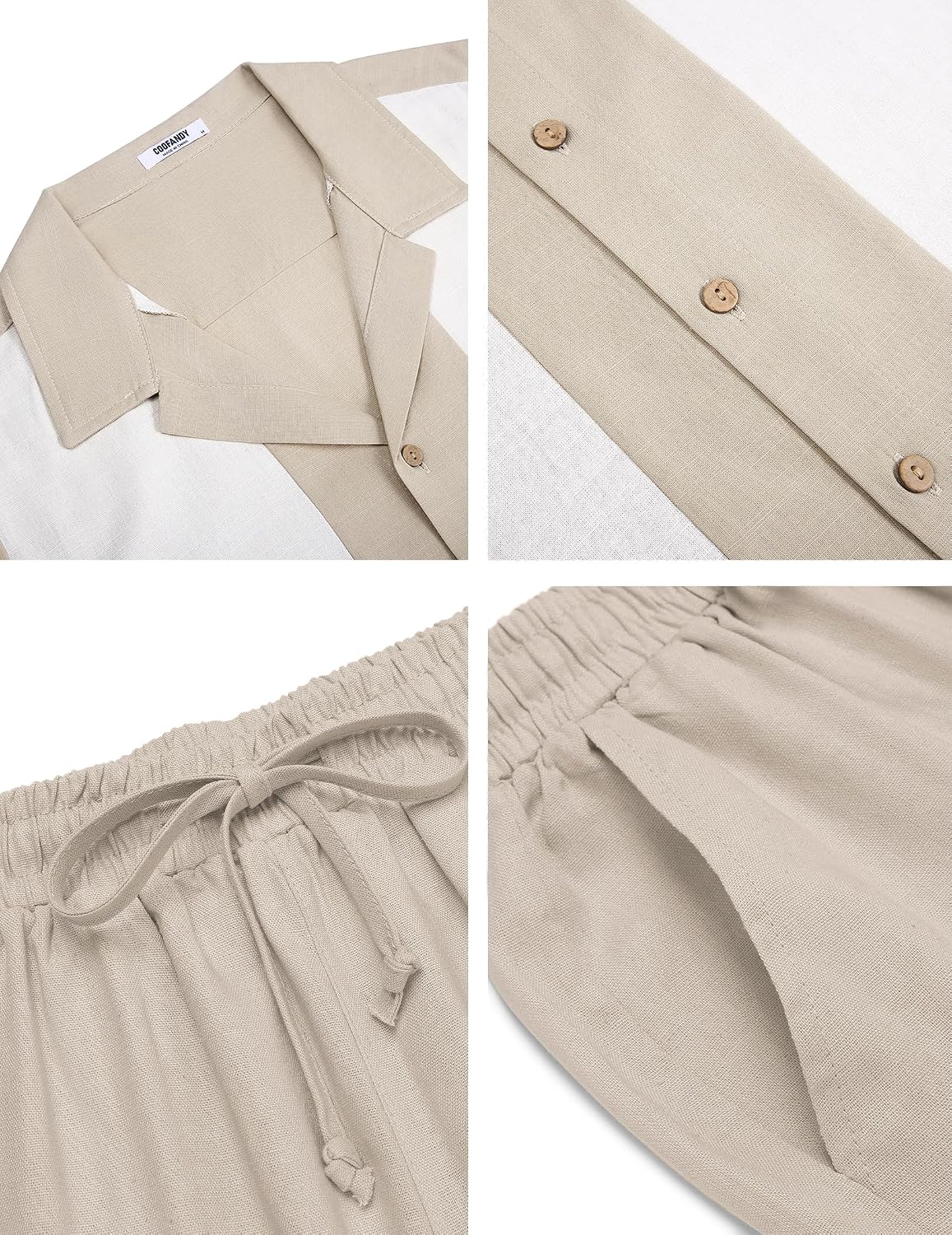 Detalle de COOFANDY Men 2 Piece Linen Outfit: Beach Button-Down Shirt & Loose Pant Set