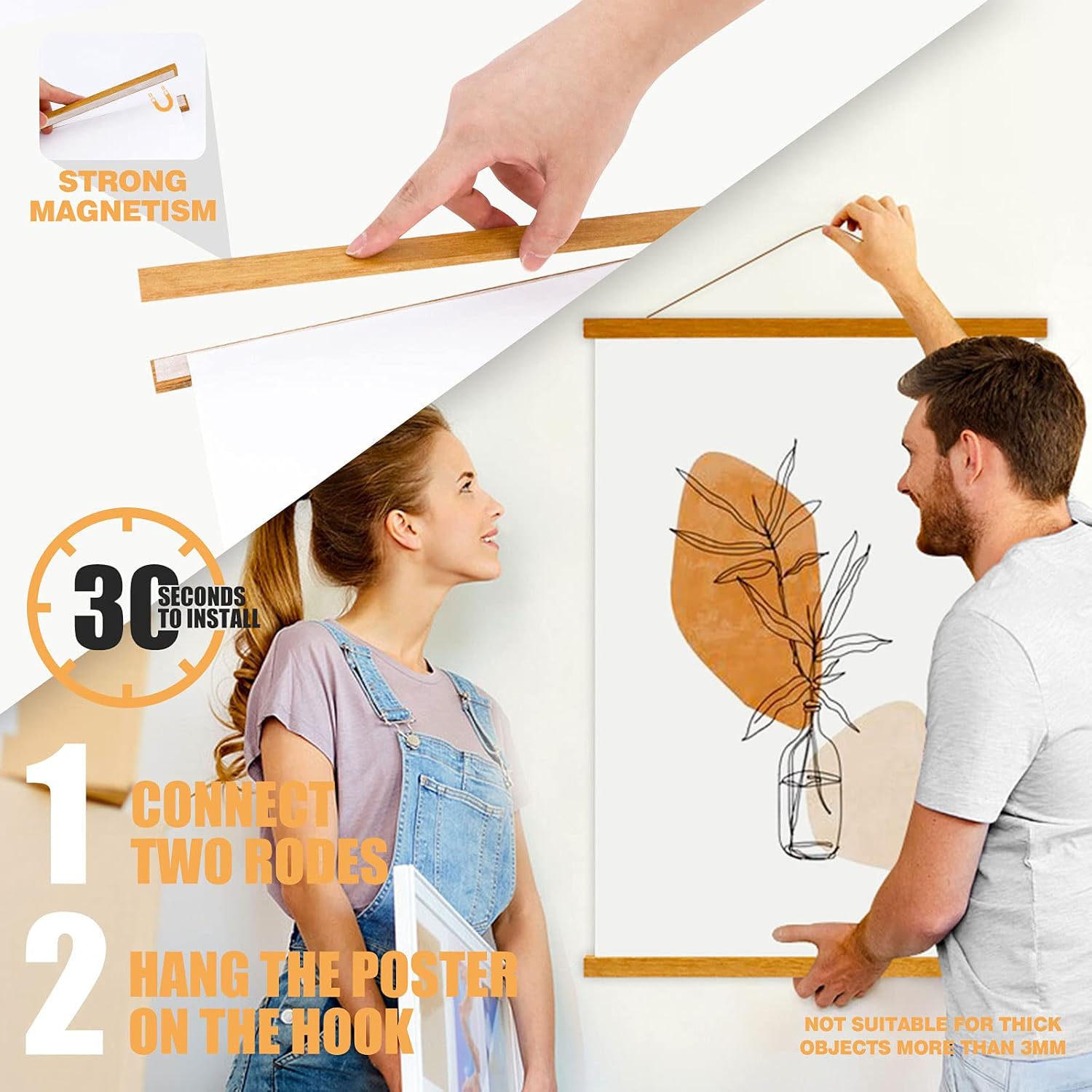 Thumbnail 3 de Sanauto 4 Pack A2 Poster Frame Hangers 42cm — Magnetic Wooden Poster Hanger Rails for 42x59, 42x30, 40x60 Landscape (Teak)