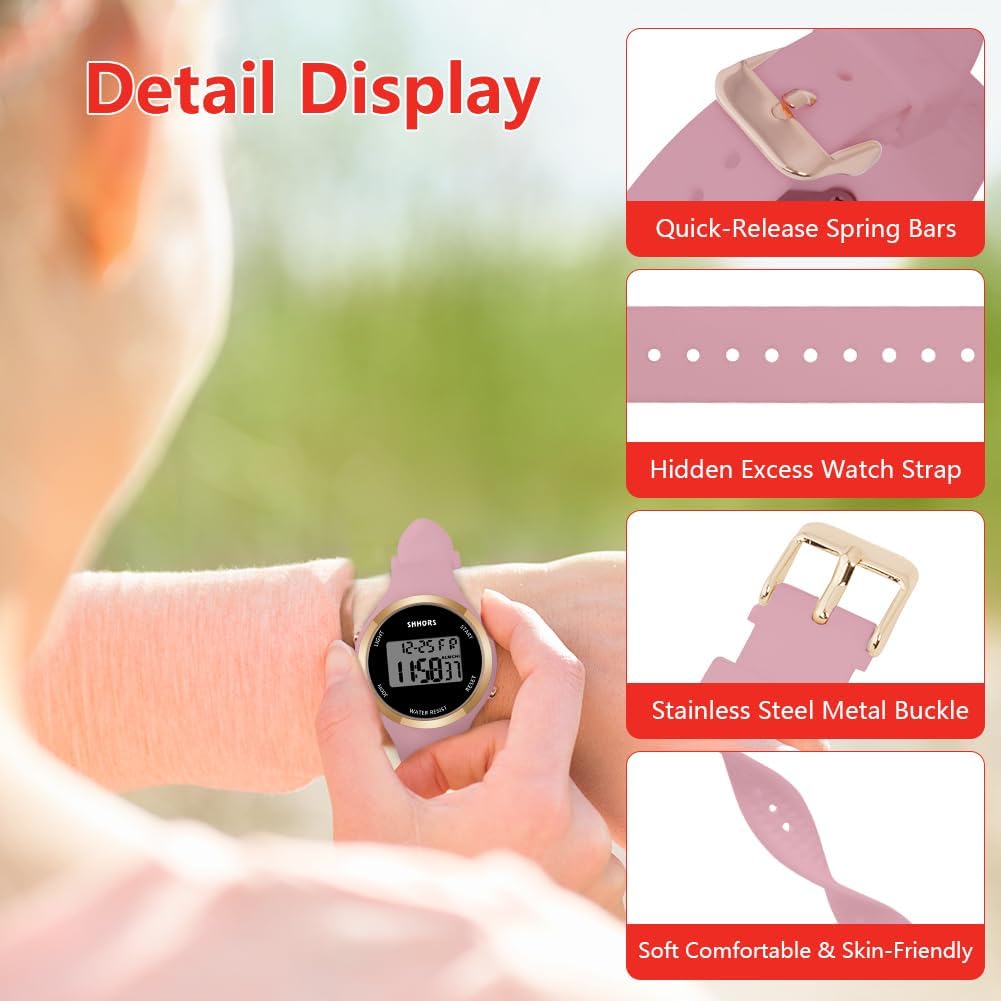 Detalle de OFFCUP Damenuhr – digitale LED-Uhr mit Wecker, Stoppuhr, Datum und Silikonarmband