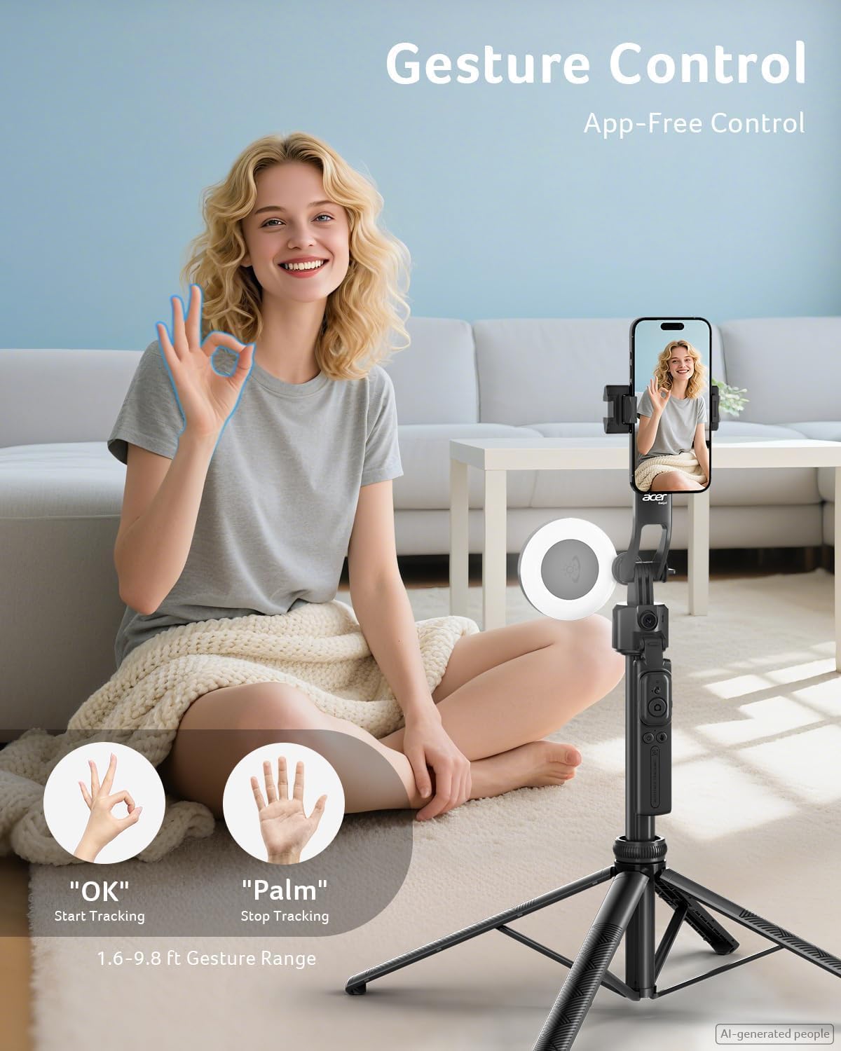 Thumbnail 2 de Acer Gadget Auto Face Tracking Tripod Selfie Stick (64.4 in) with Light & Remote for iPhone, Cell Phones, Android, and Cameras