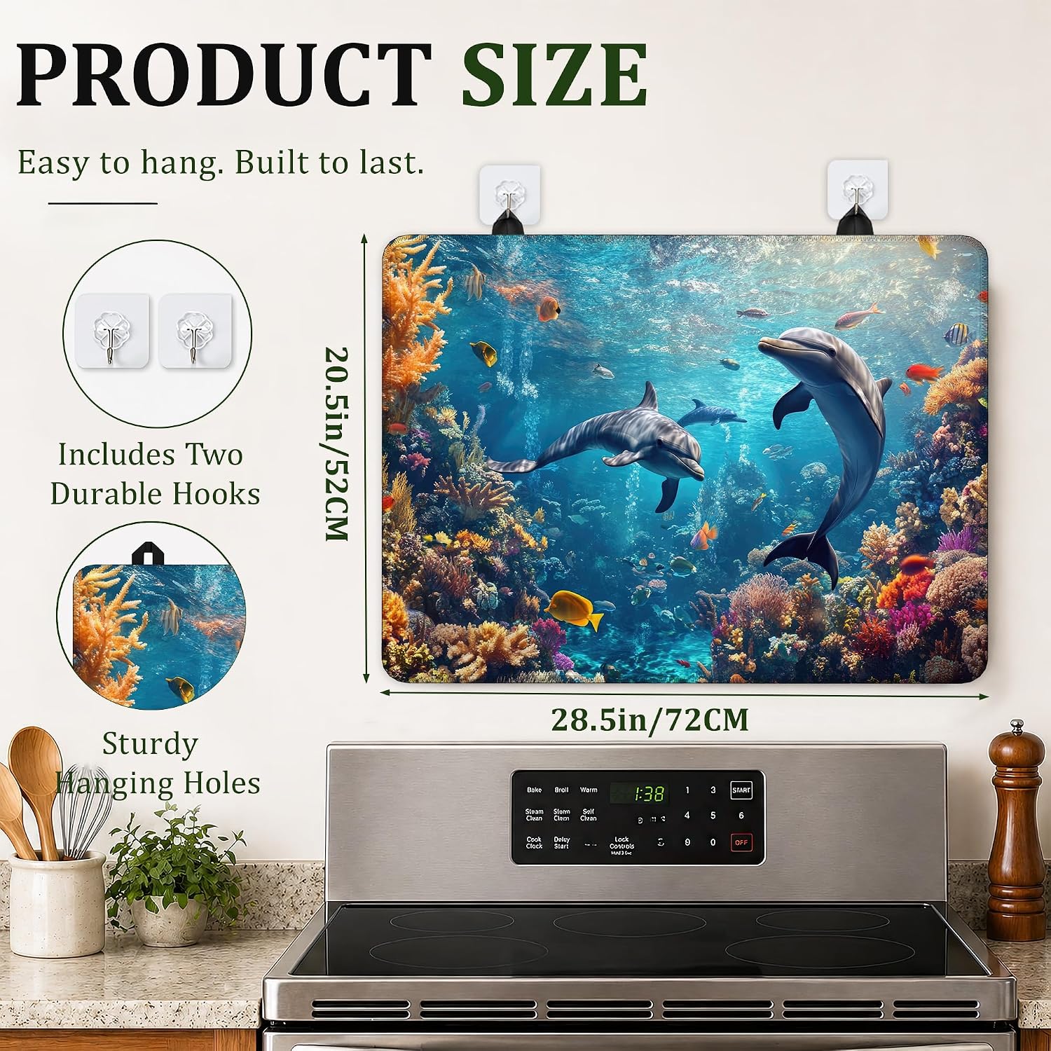 Thumbnail 1 de Qvvhorx QVV-SC-123 Dolphin Coral Reef Ocean Stove Top Cover, 28.5 x 20.5 in