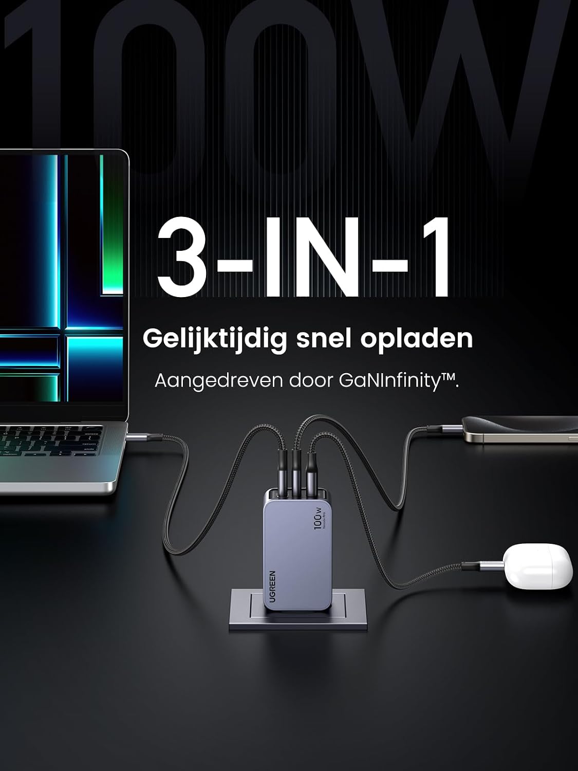 Detalle de UGREEN Nexode Pro Mini USB-C-lader 100 W met GaN en 3 poorten