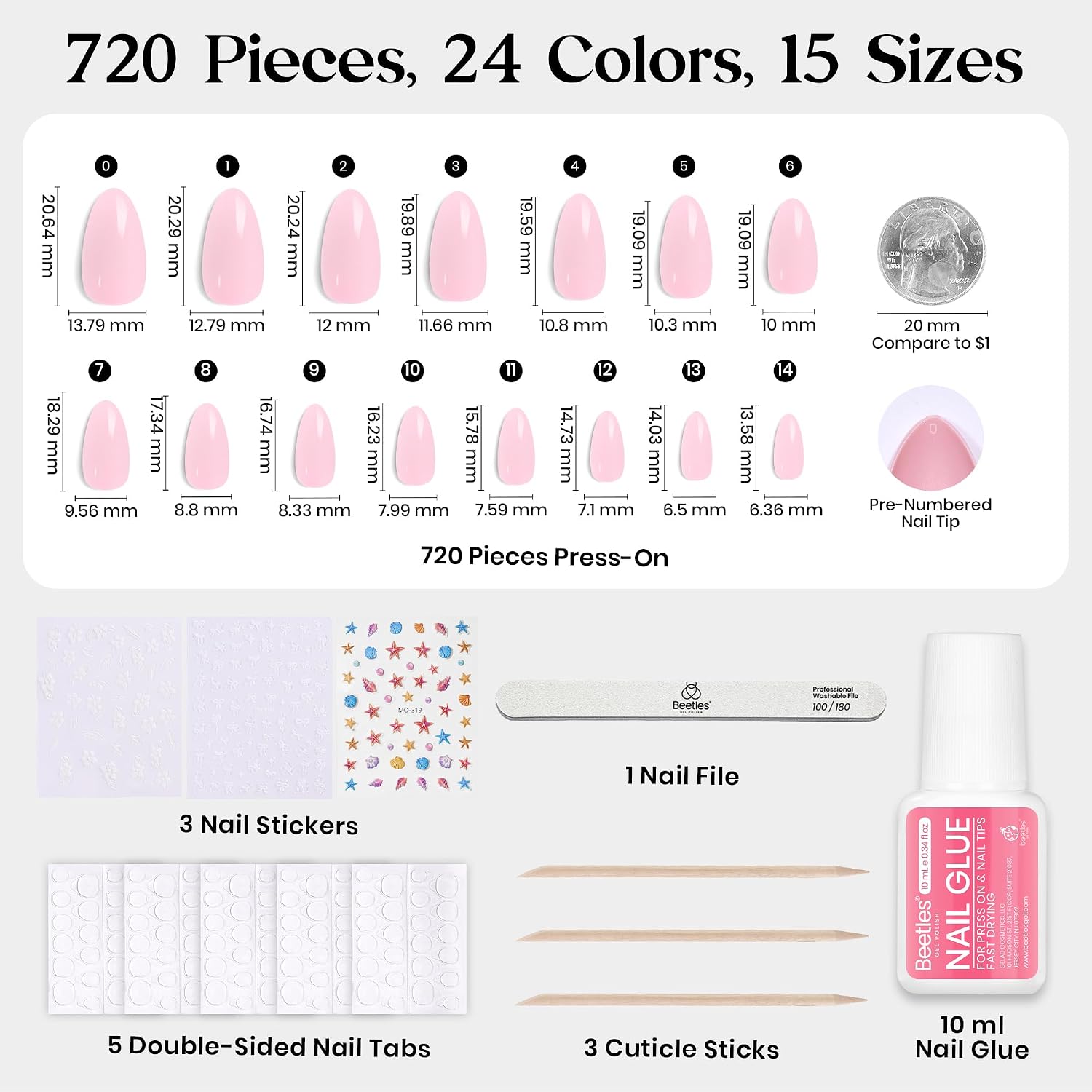 Detalle de Beetles PP036 Chromatic Reverie Press-On Nails Kit, 24 Colors, Short Almond