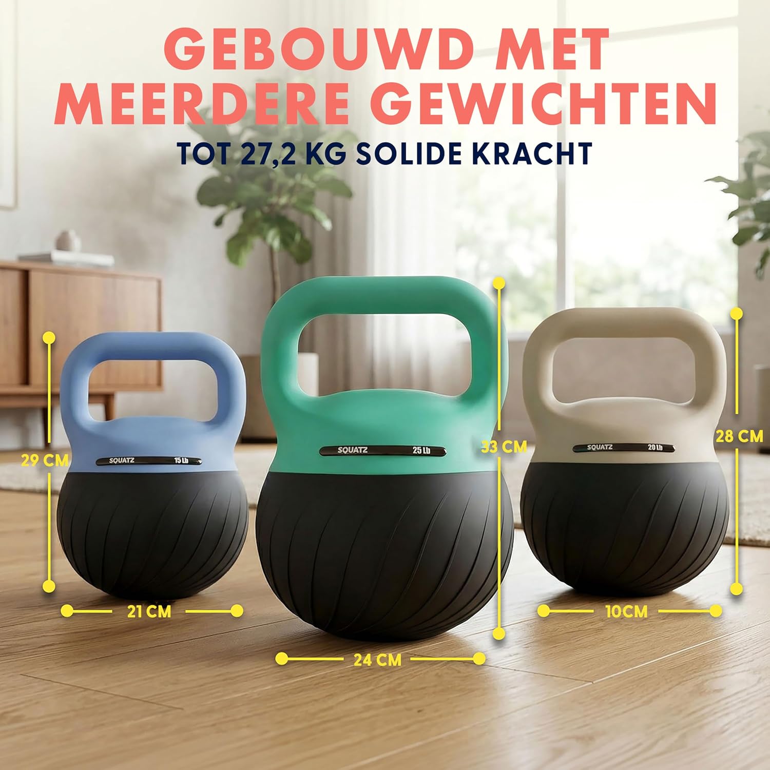 Thumbnail 6 de SQUATZ SQKBSFT60BBT zachte kettlebellset met gedempte basis en brede grip