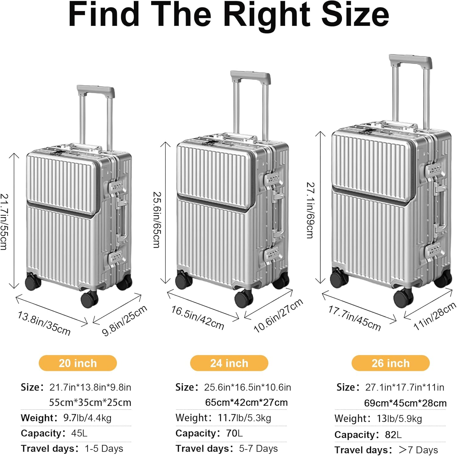Thumbnail 5 de AIWEINY 20'' Silver Carry-On: TSA Lock, 360° Wheels, Dual-Compartment Hard Shell