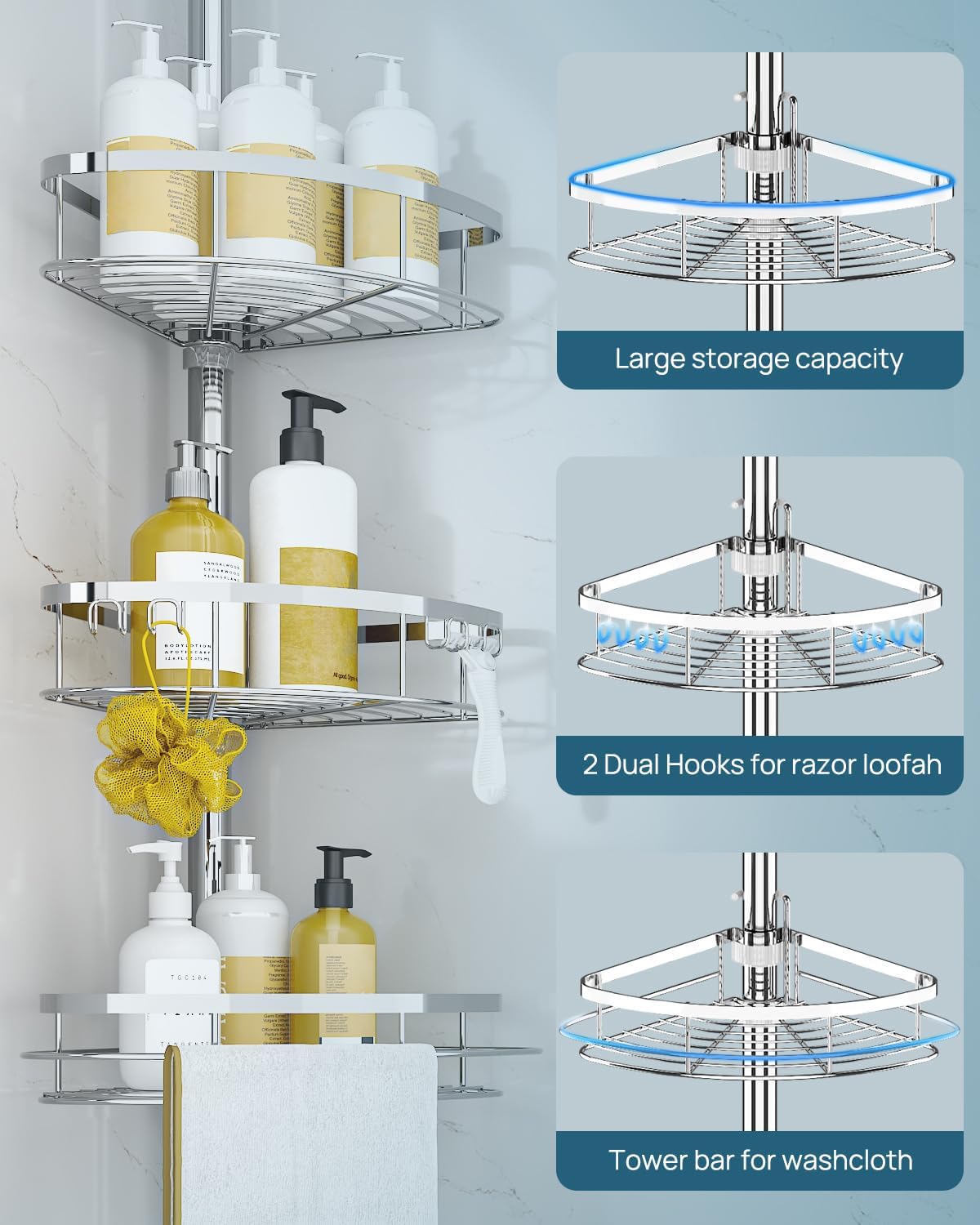 Detalle 2 de SEIRIONE Rustproof Shower Corner Caddy Organizer with Tension Pole, 4 Adjustable Shelves