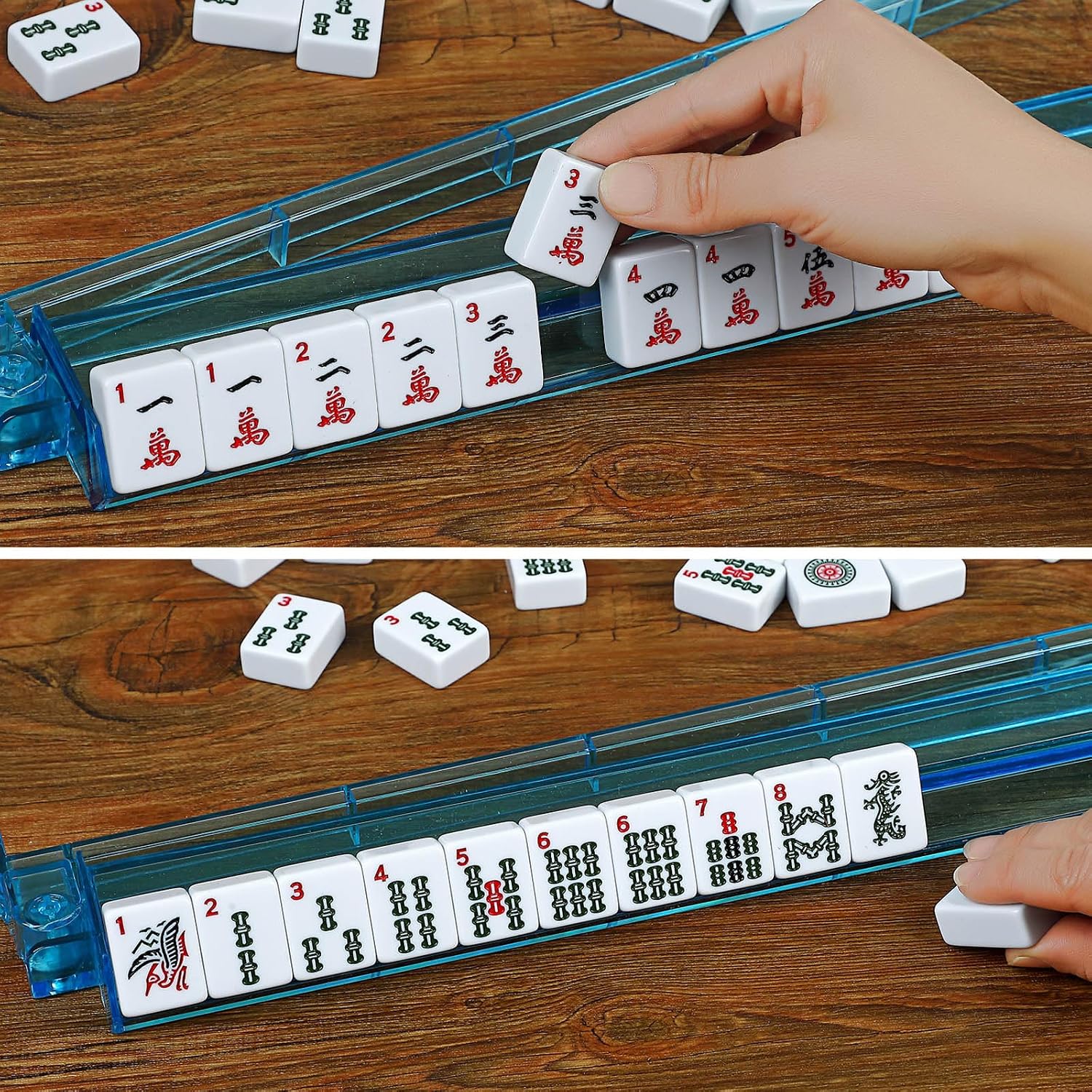 Detalle de Suncle American Mahjong Tile Set: 166 White Tiles with 4 Racks and Travel Bag