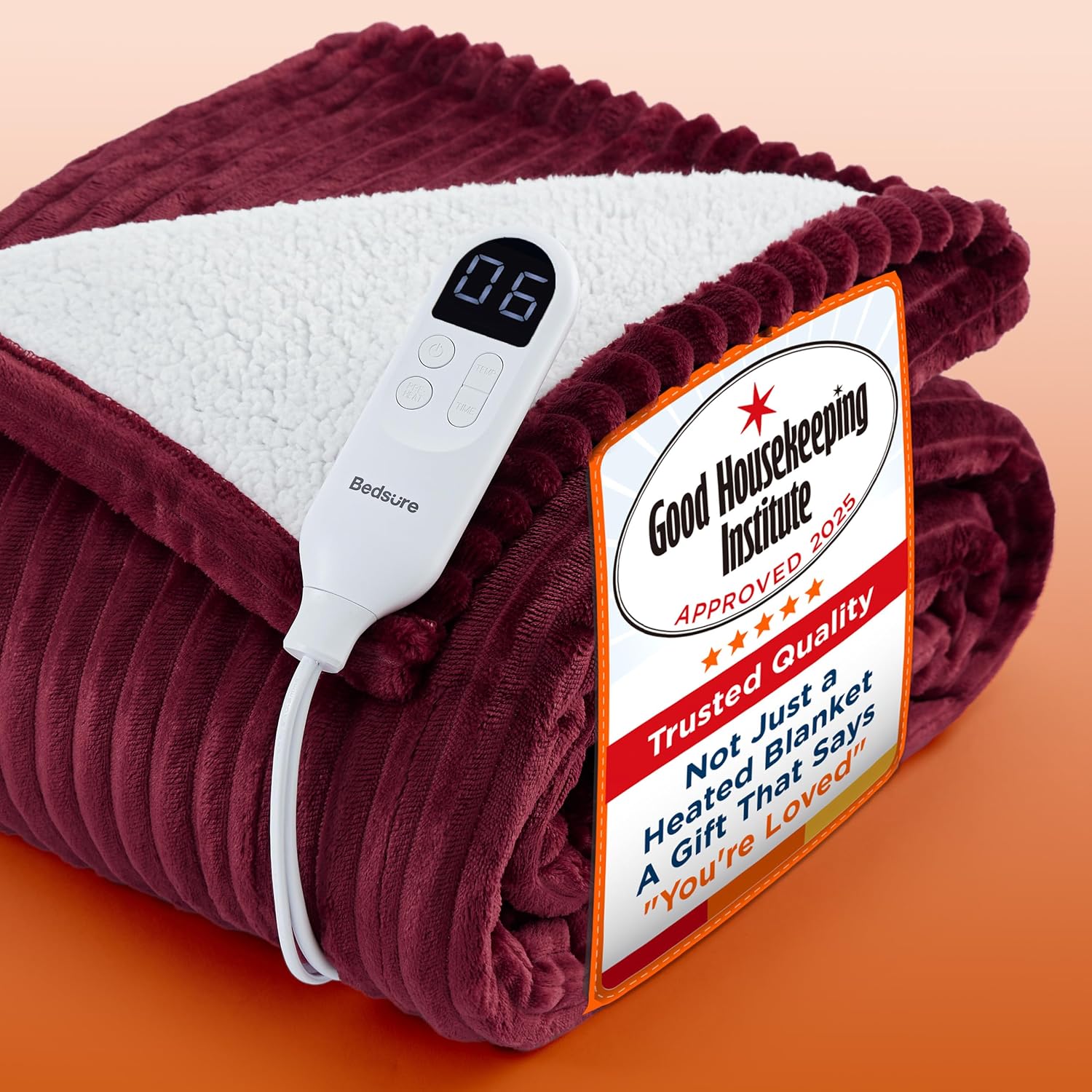 Detalle de Bedsure Heated Blanket Electric Throw (Ribbed Flannel) – 6 heat settings, 10 timer options, 130x160cm
