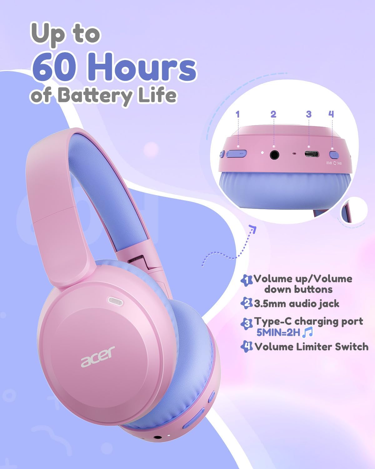 Thumbnail 6 de Acer OHR668(PV) Kids Bluetooth Headphones, Foldable, 85/94 dB Limiter